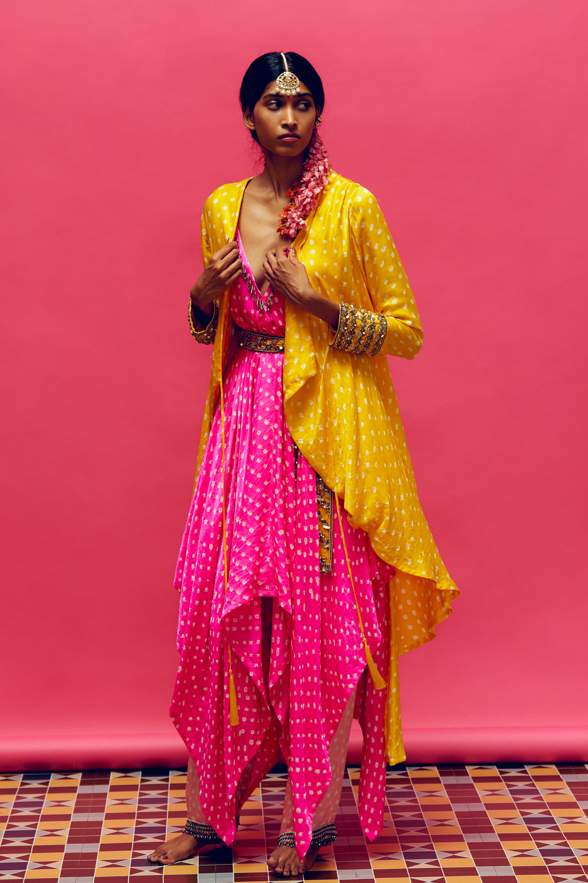 Pink Bandhani Jacket With Kurta Set