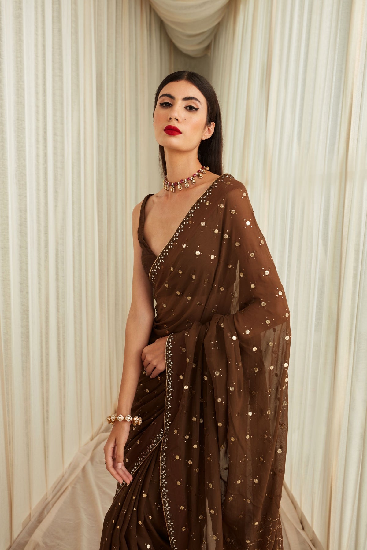 Coffee Cloud Saree Set