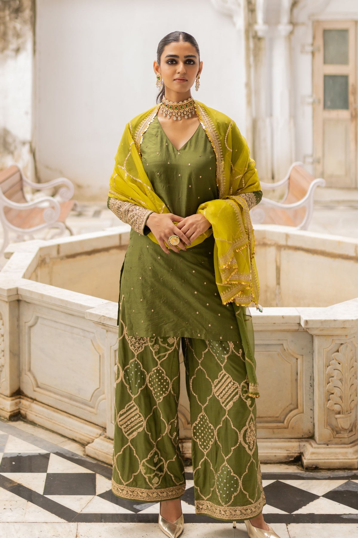 Lime olive Jaal Dupatta