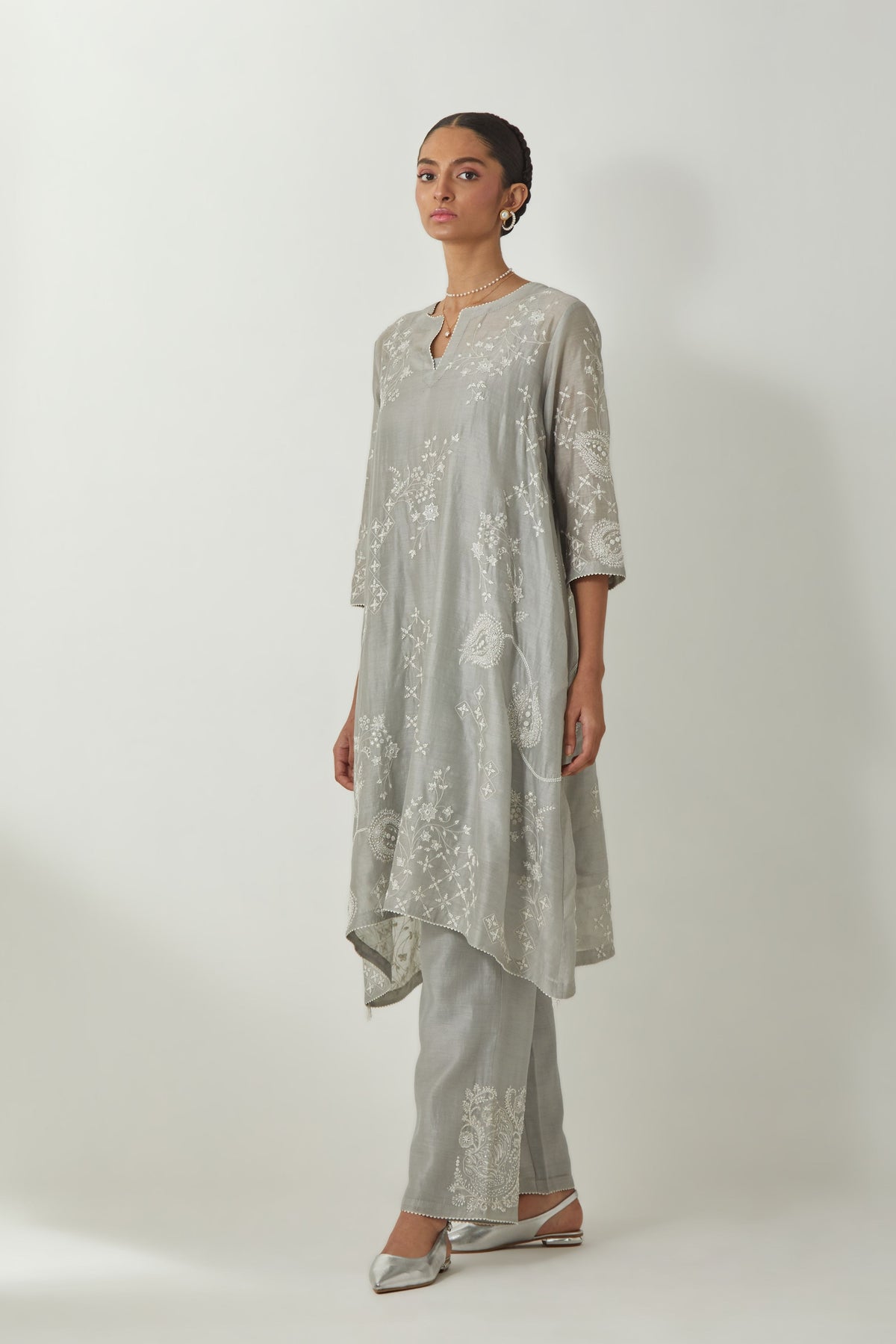 Grey Silk Chanderi Kurta Set