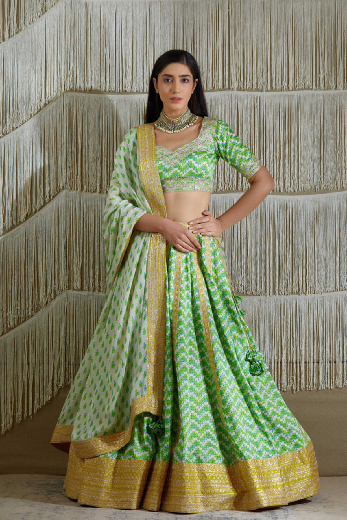 Green and yellow lehanga set