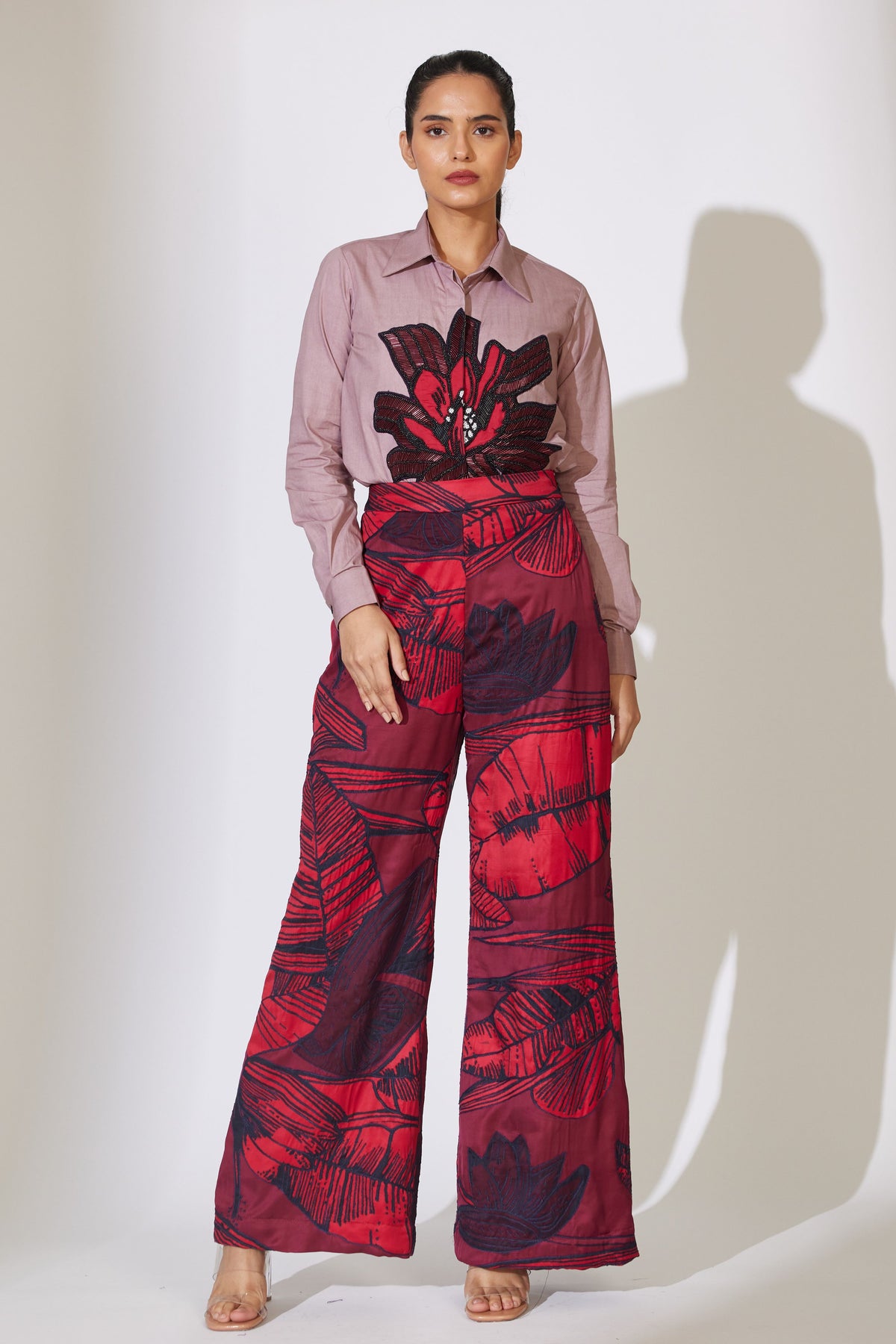 Red and Maroon Embroidered Pant