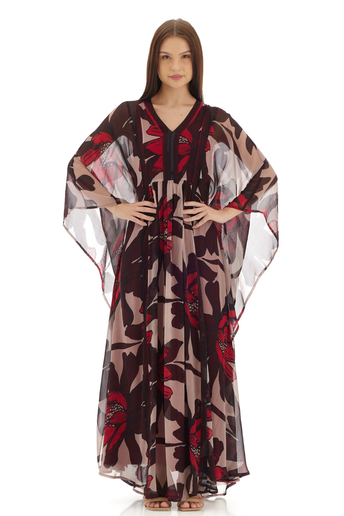 Beige and Brown Floral Kaftan