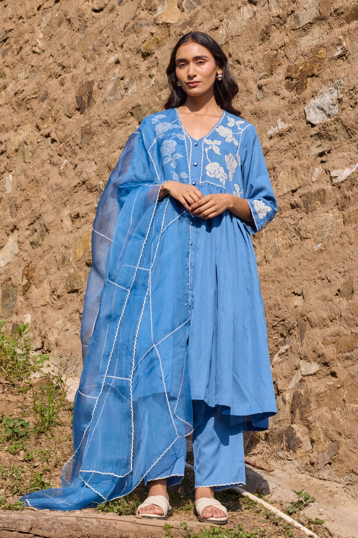 Blue Gathered Embroidered Kurta