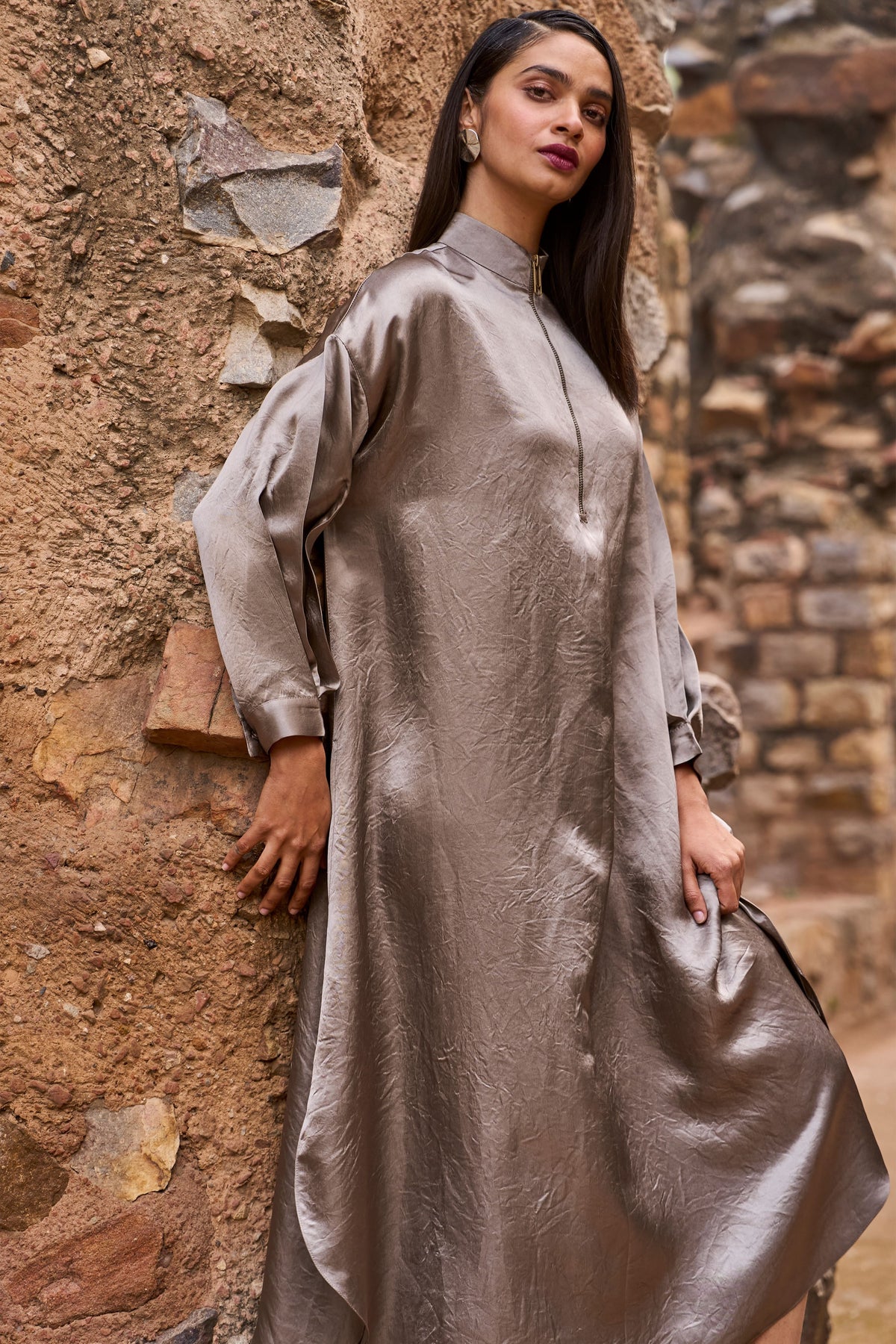 Grey Zip Neck Midi Dress