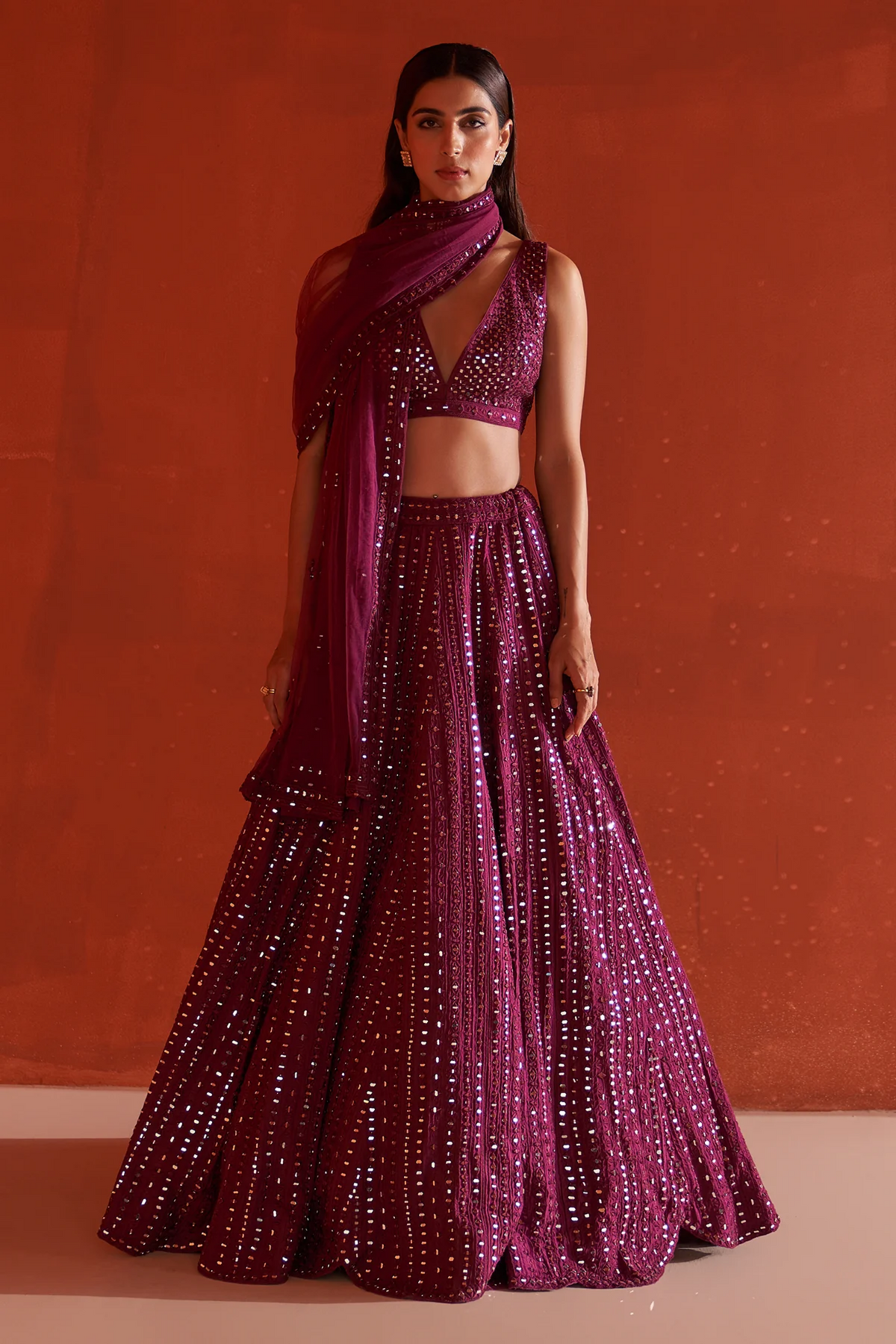 Wine Raw Silk Lehenga Set