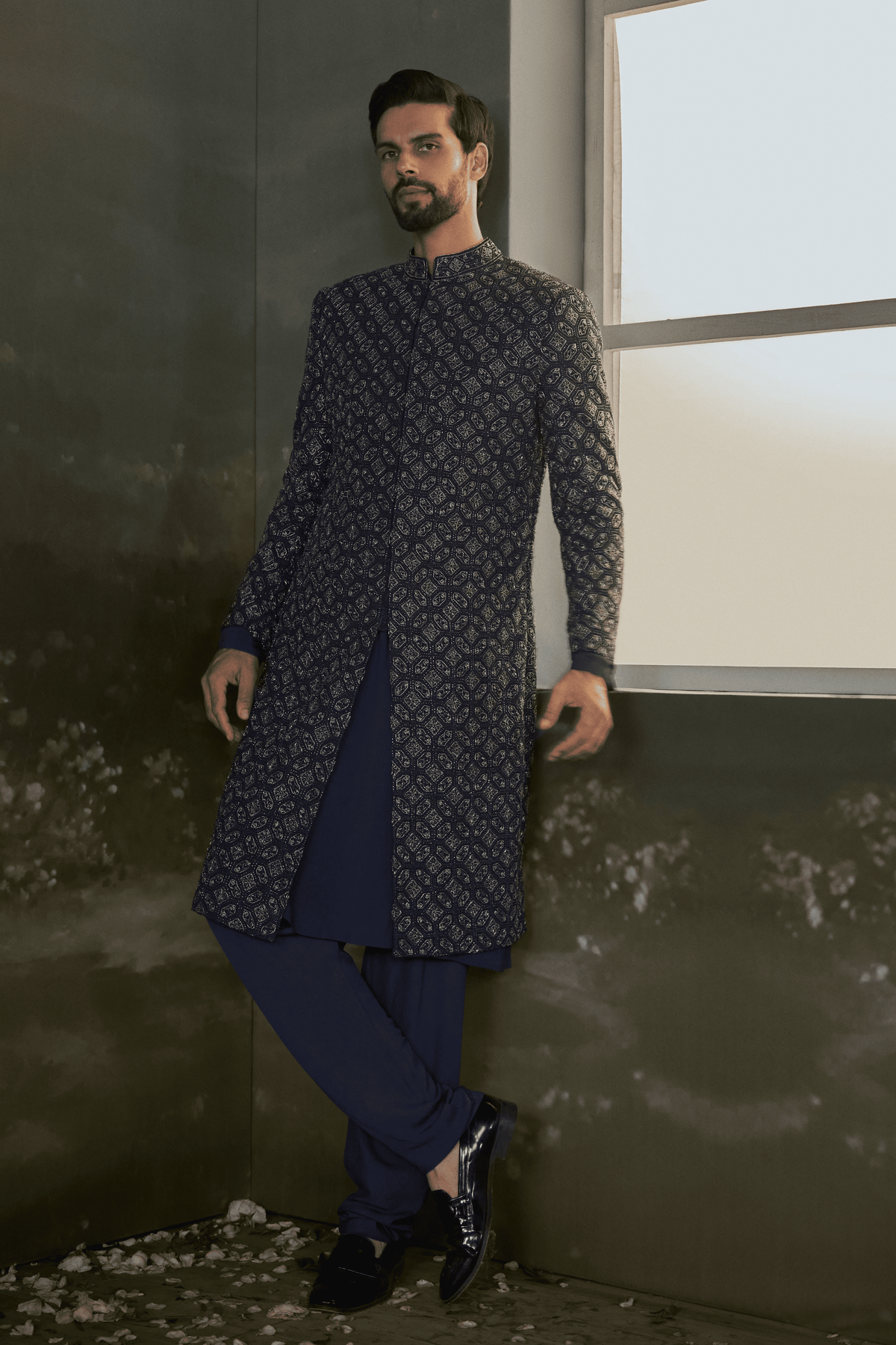 Navy blue Embroidered Sherwani Set