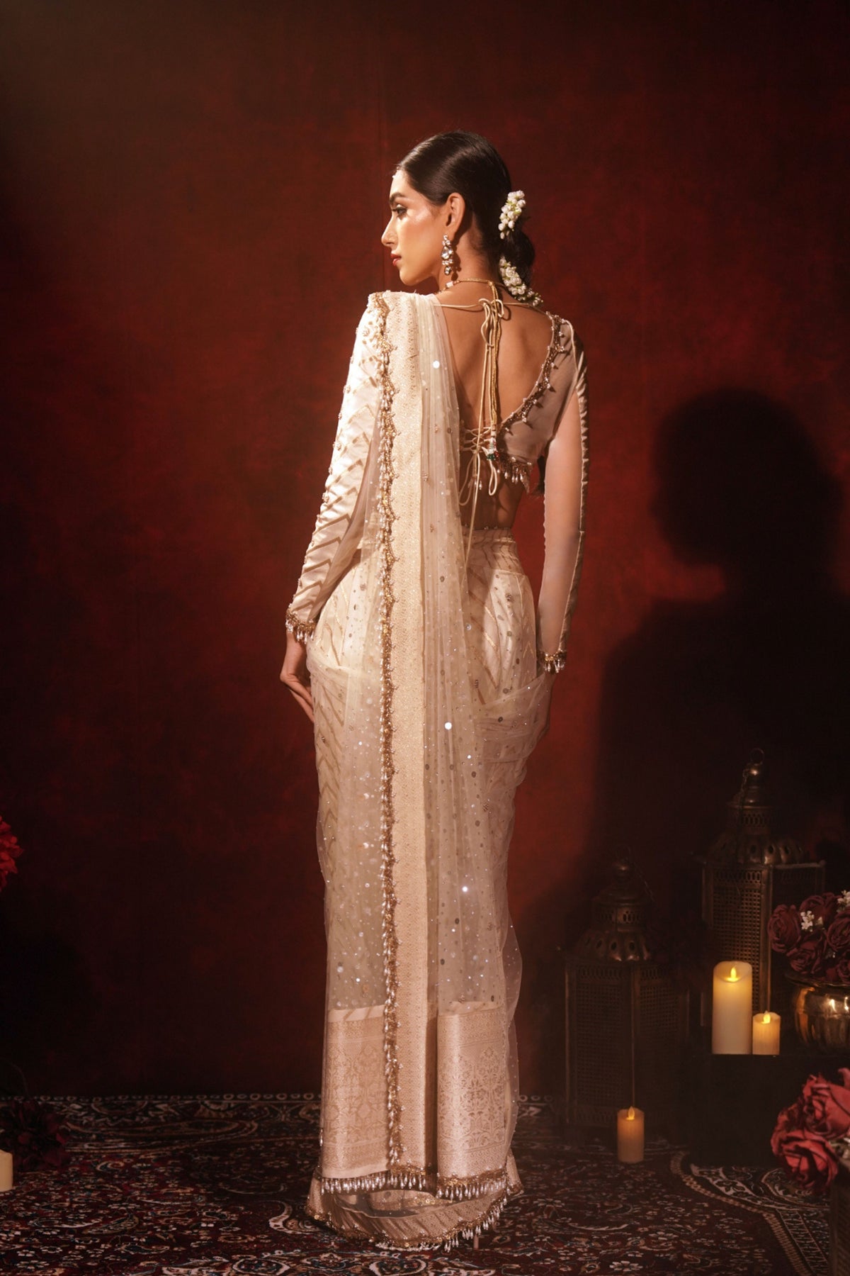 Chevron Ivory Kali Draped Saree Set