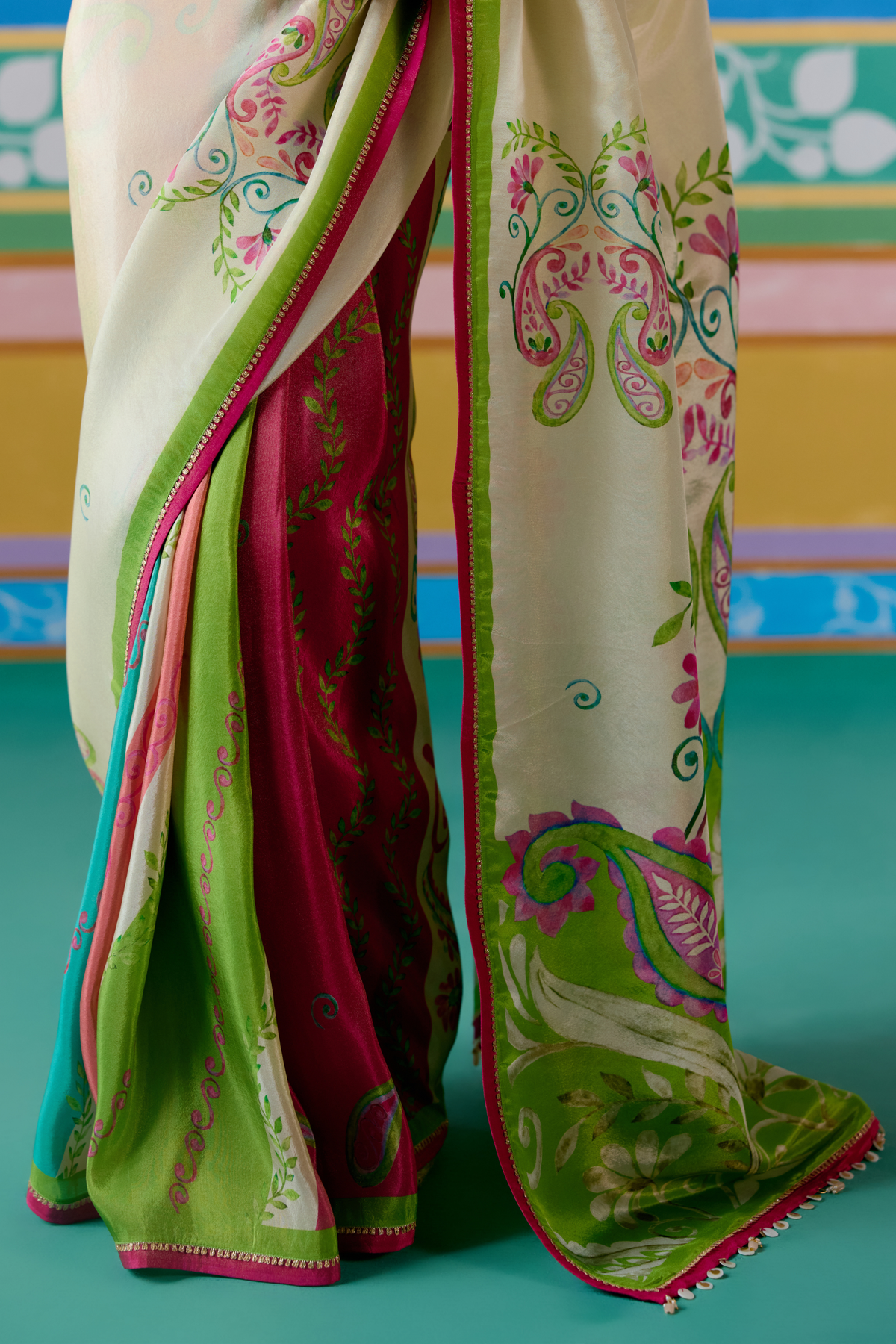 Ecru Green Paisley Saree