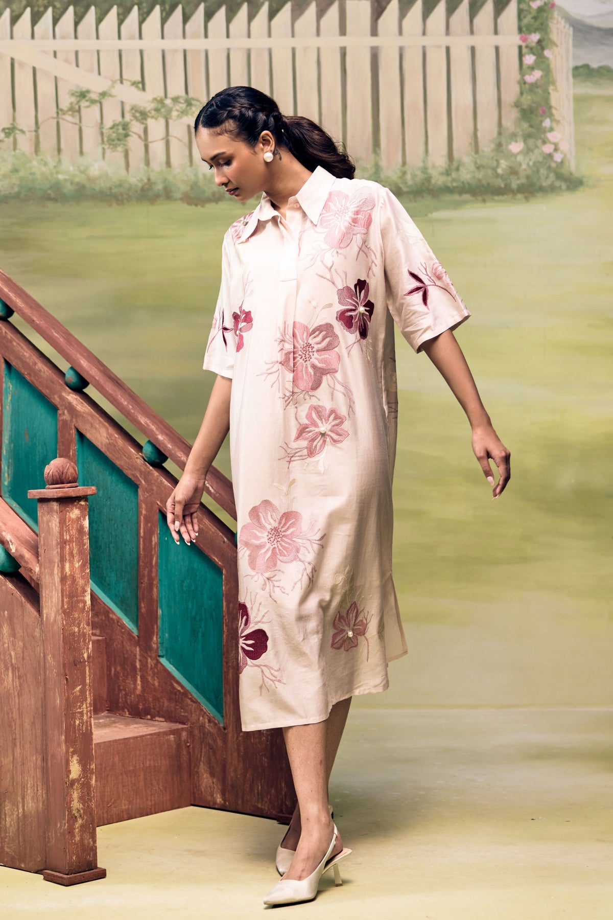 Rose Bloom Midi Shirt Dress