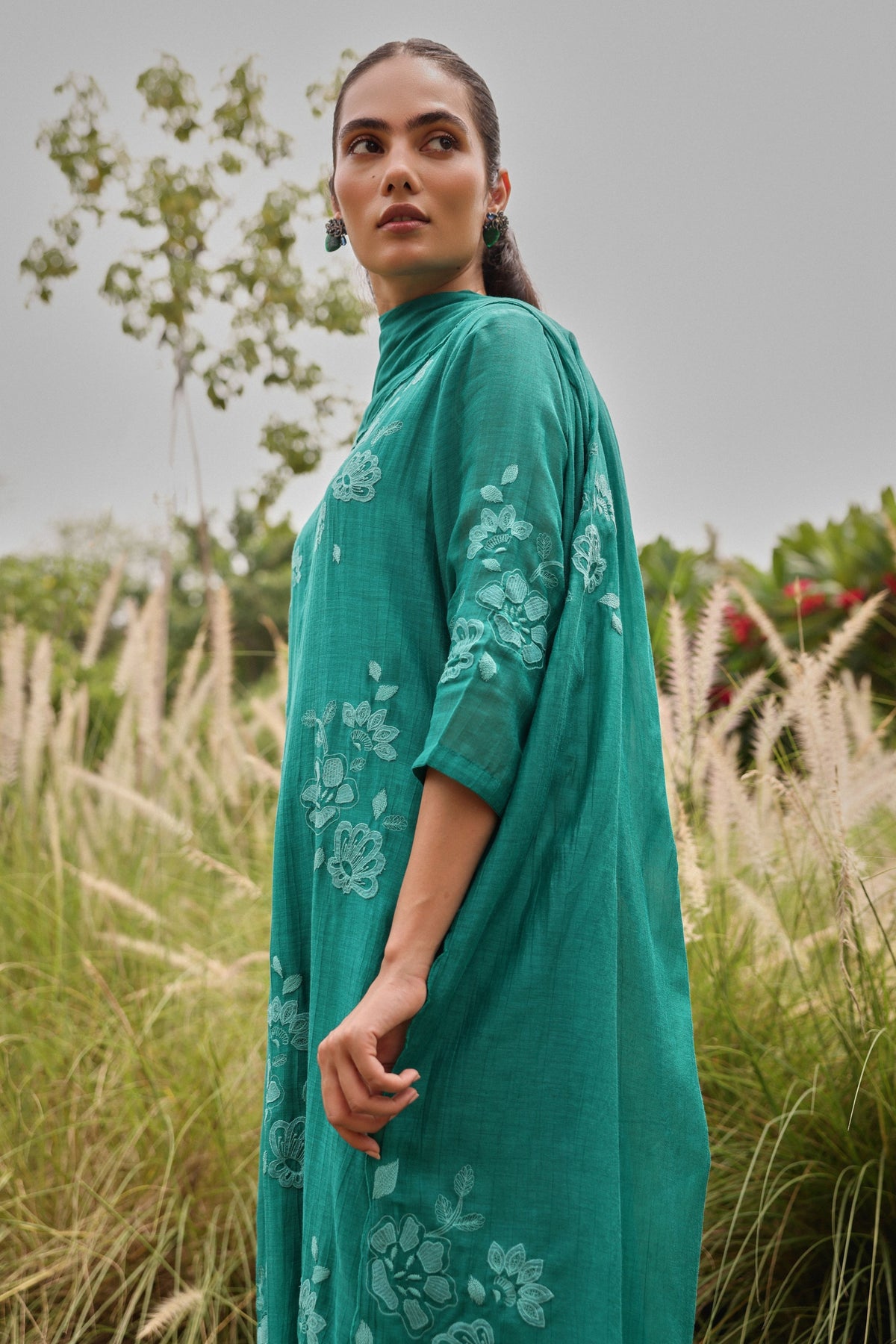 Teal Applique Embroidered Kurta Set
