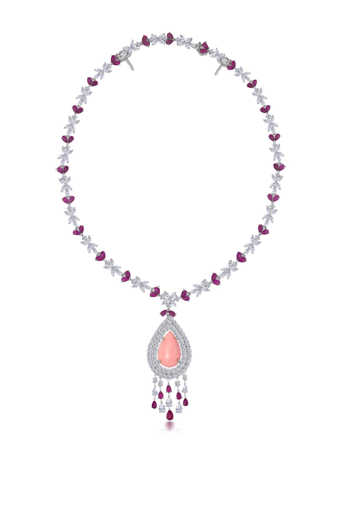 White Necklace With Carved Rubies &amp; Pink Coral
