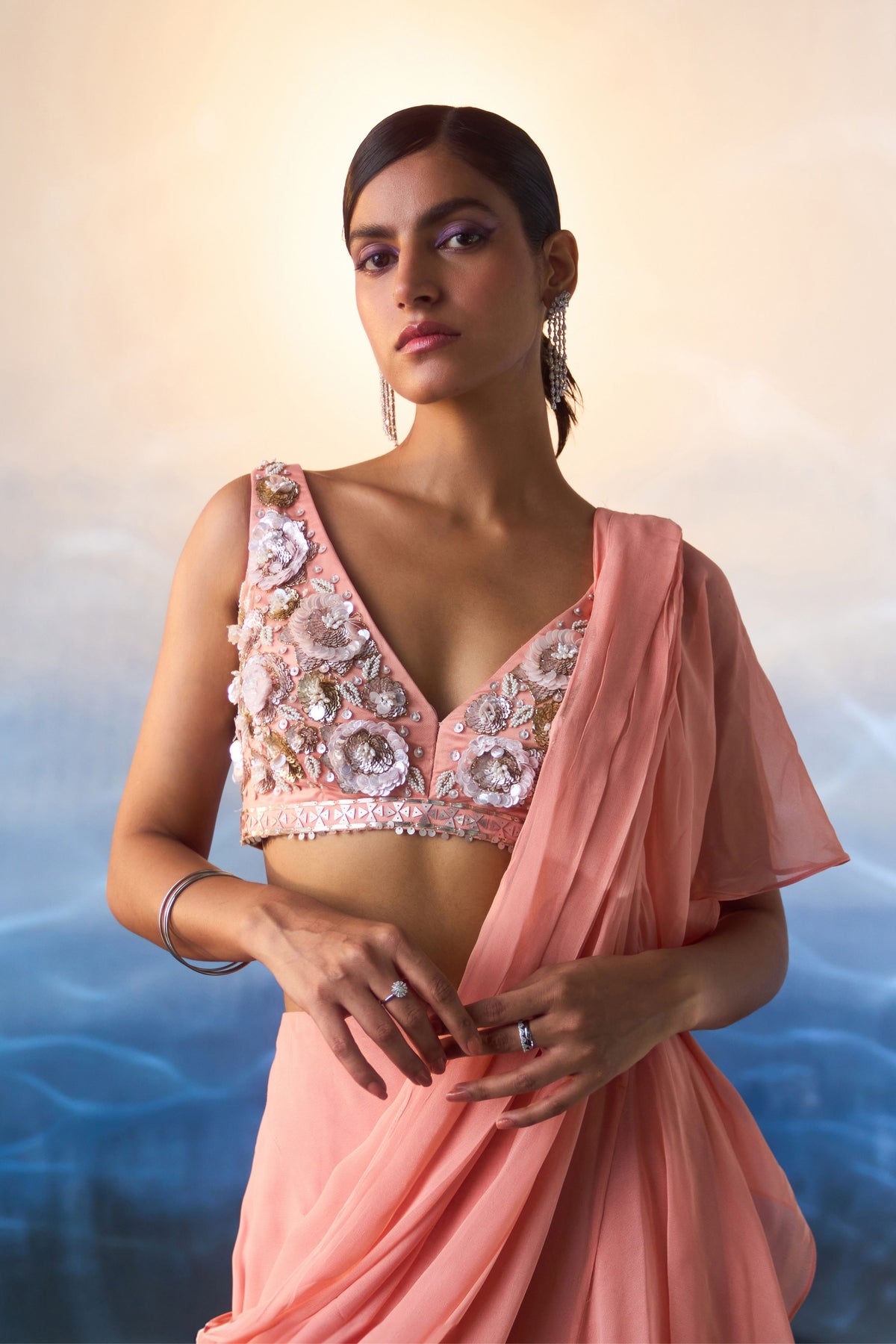 Peach Drape Saree Set