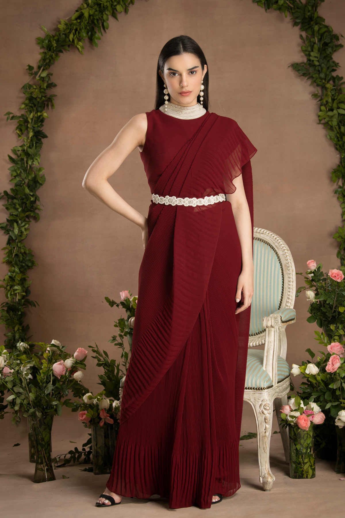 Pre Draped Rose Red Saree