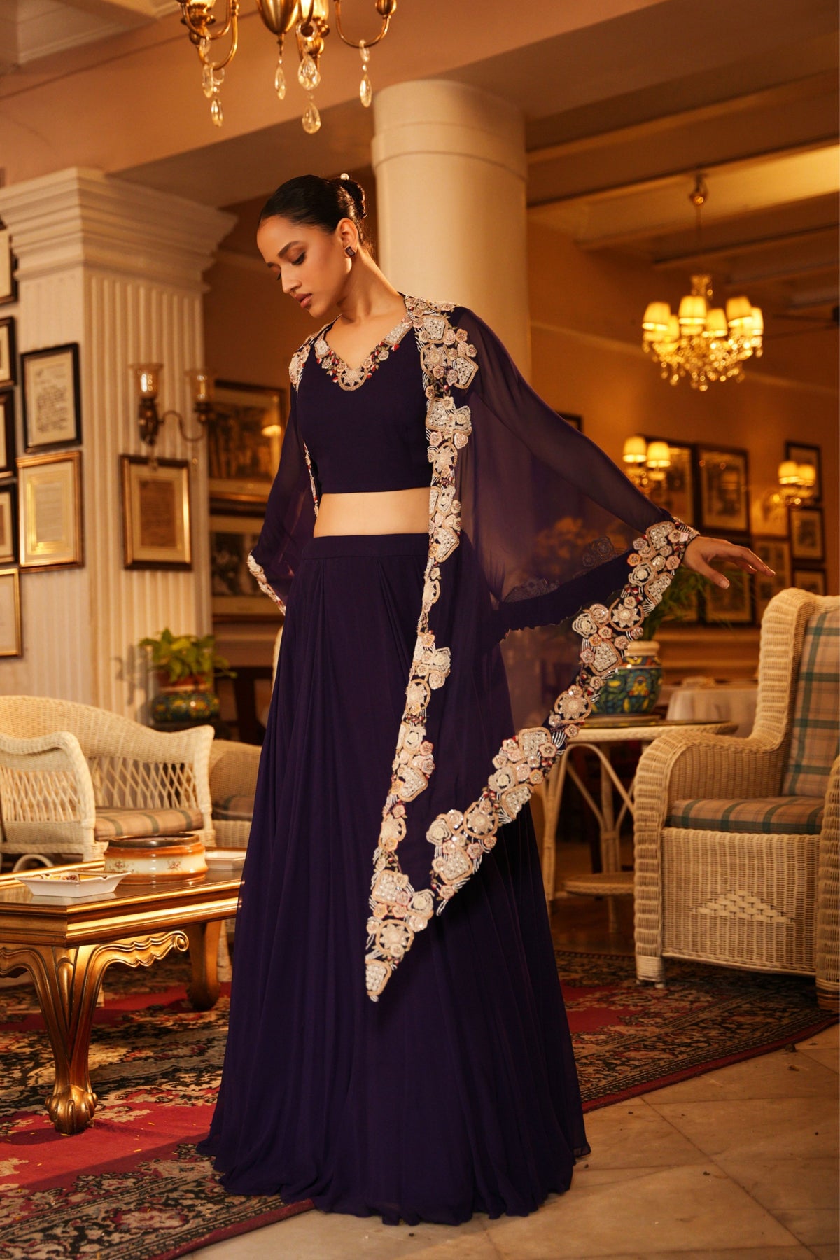 Hand Embroidered  Cape Lehenga Set