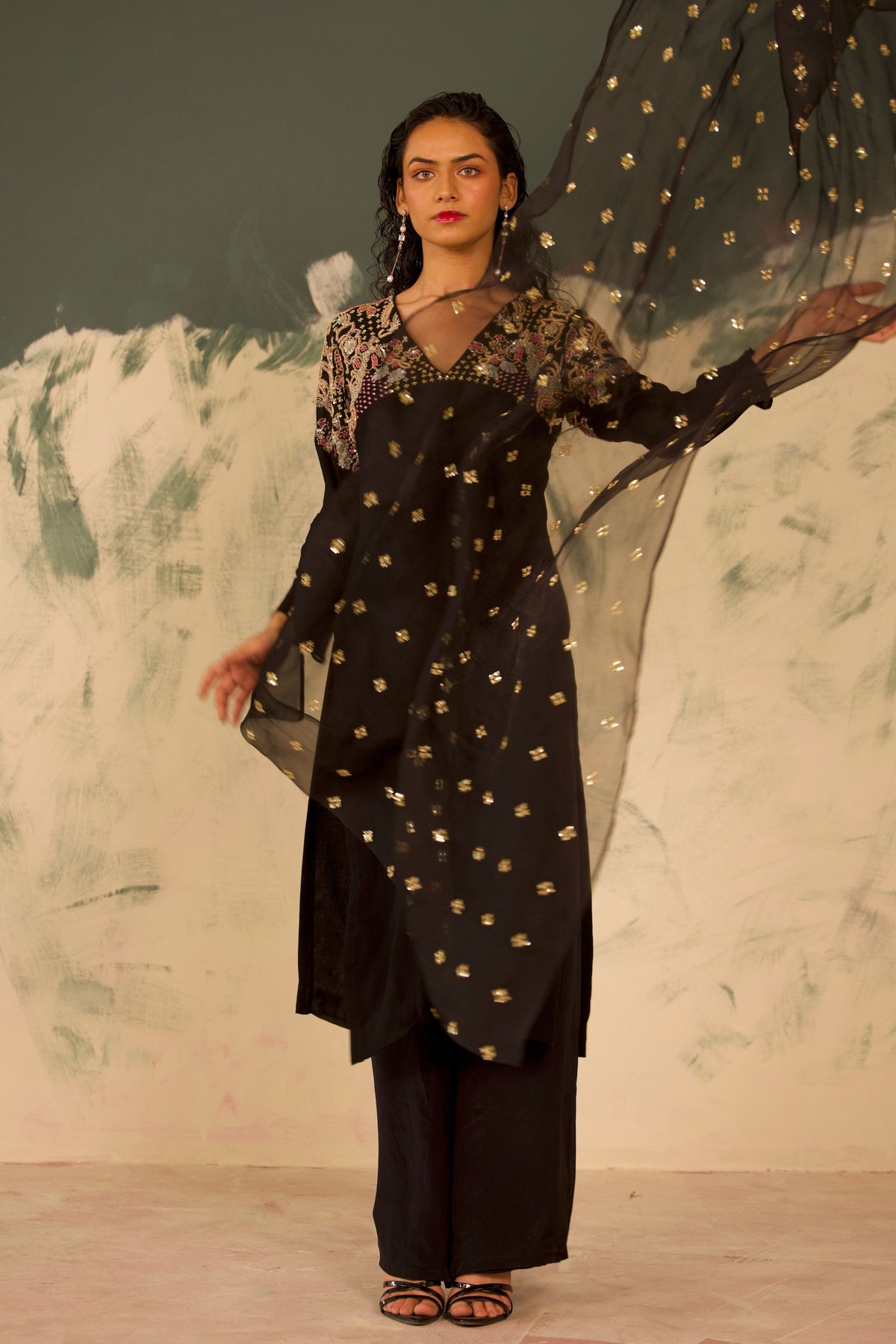 V Neck Black Organza Set