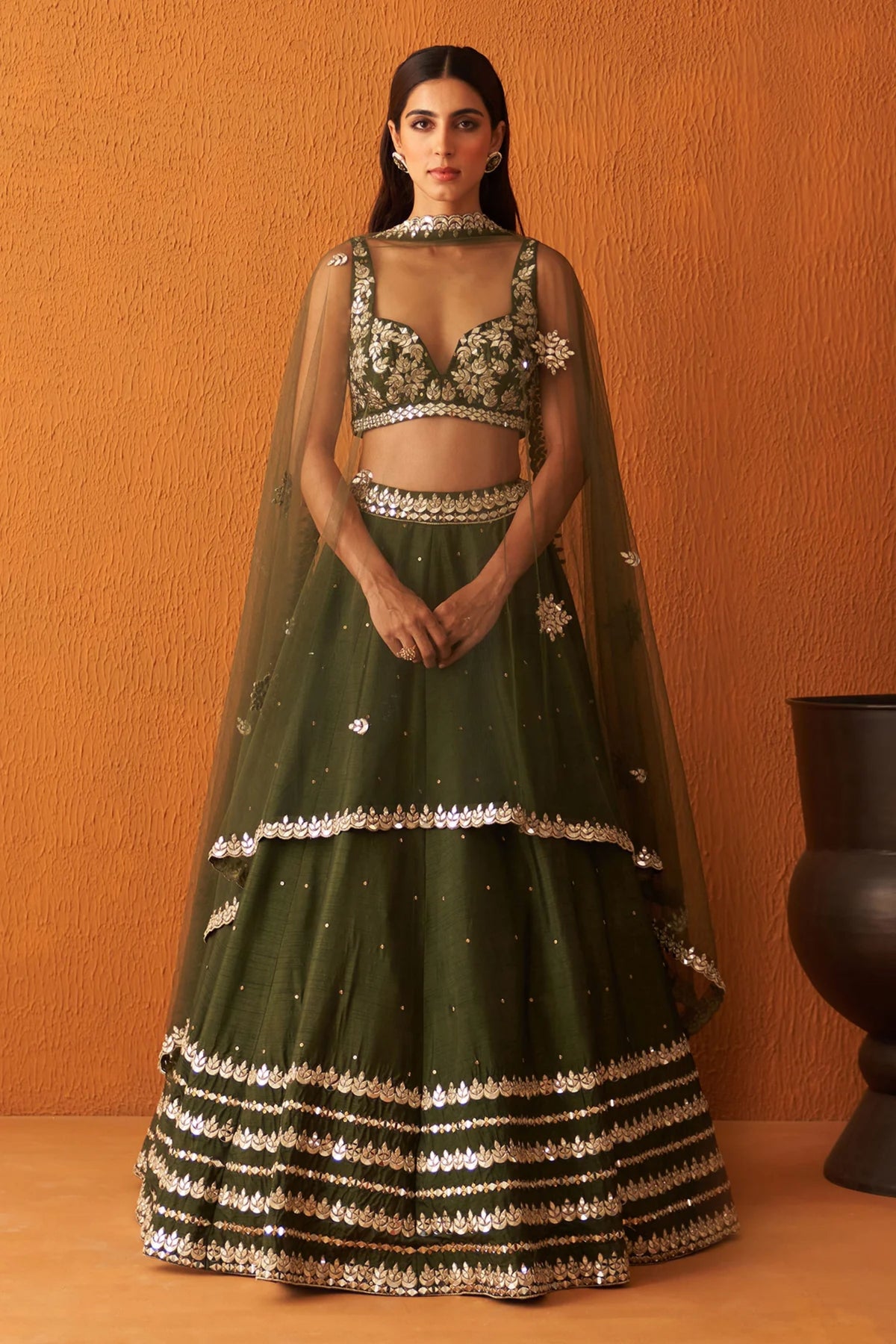 Forest Green Raw Silk Lehenga Set
