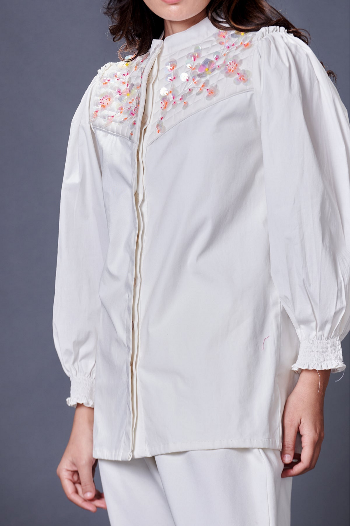 White Stylish Jacket With Hand Embroidered Quilted Yoke