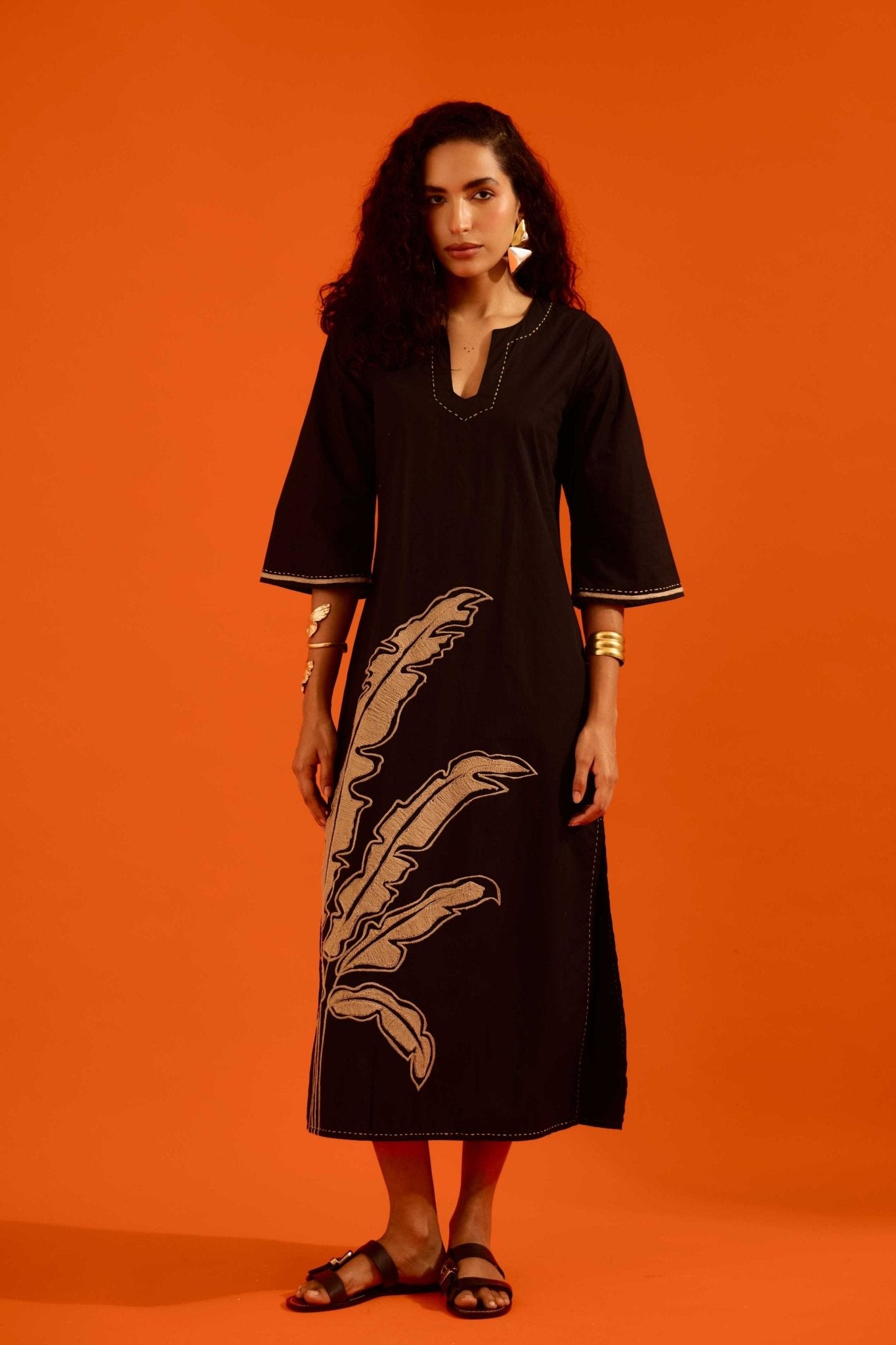 Leaf Motif Black Dress - Indian Summer Story - Elahe