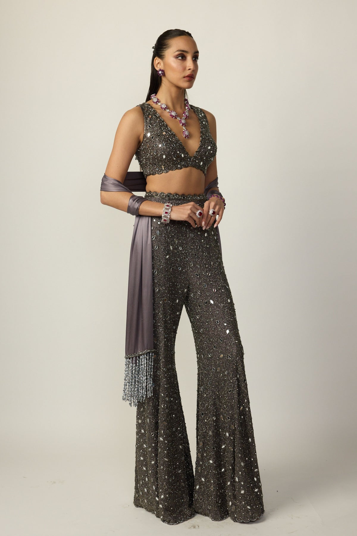 Metallic Grey Sharara Set with Stole