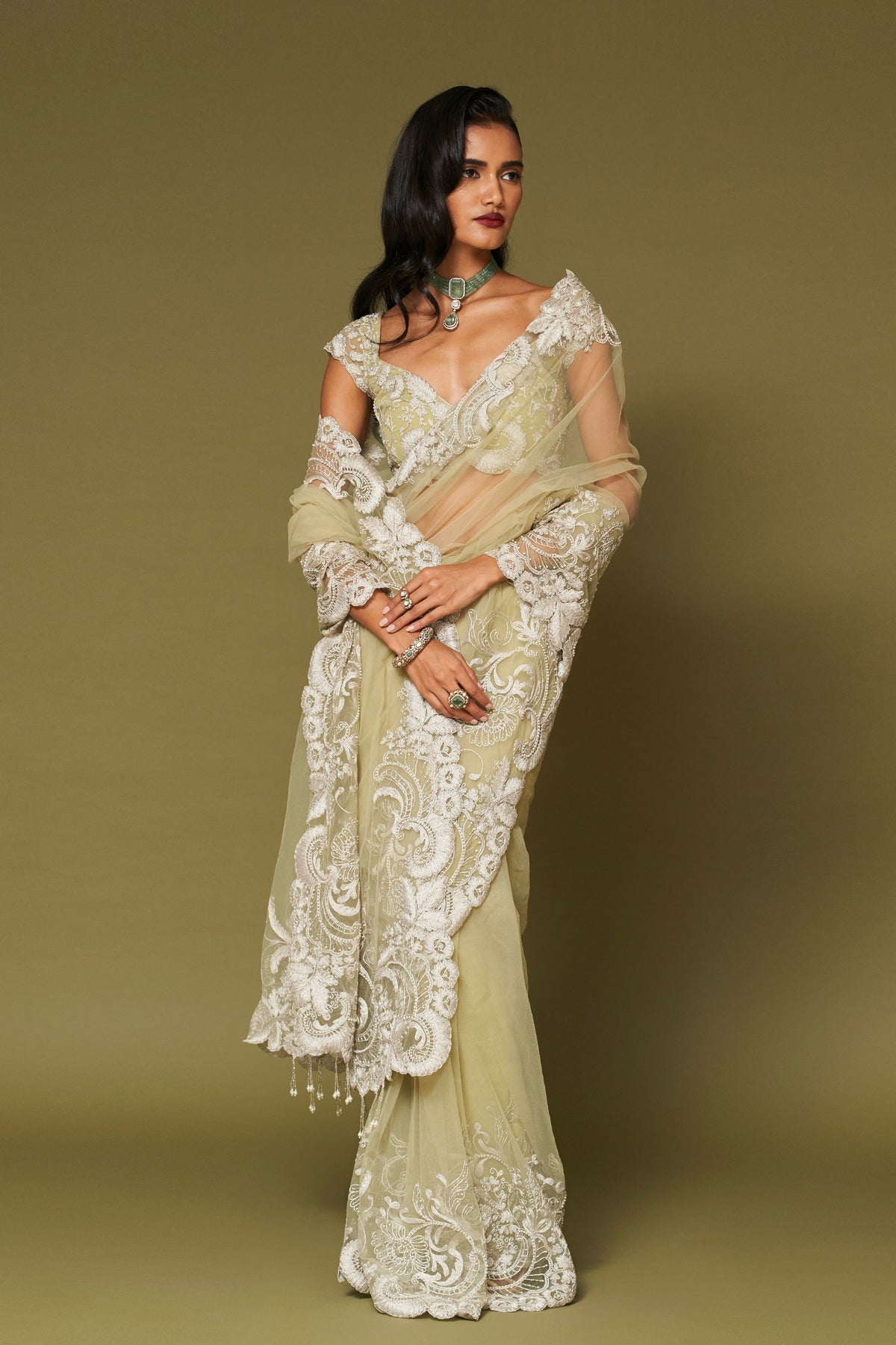 Pistachio Embroidered Net Saree Set