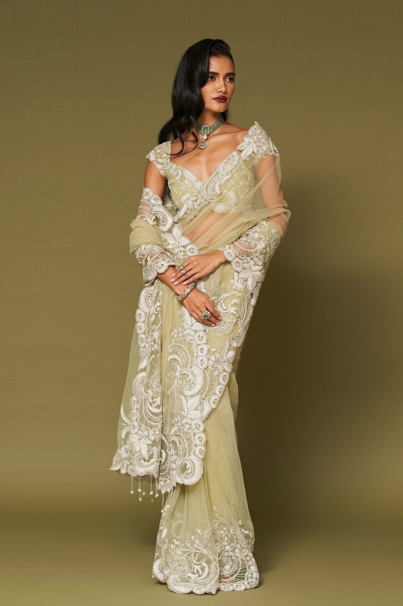 Pistachio Embroidered Net Saree Set - Devnaagri - Elahe