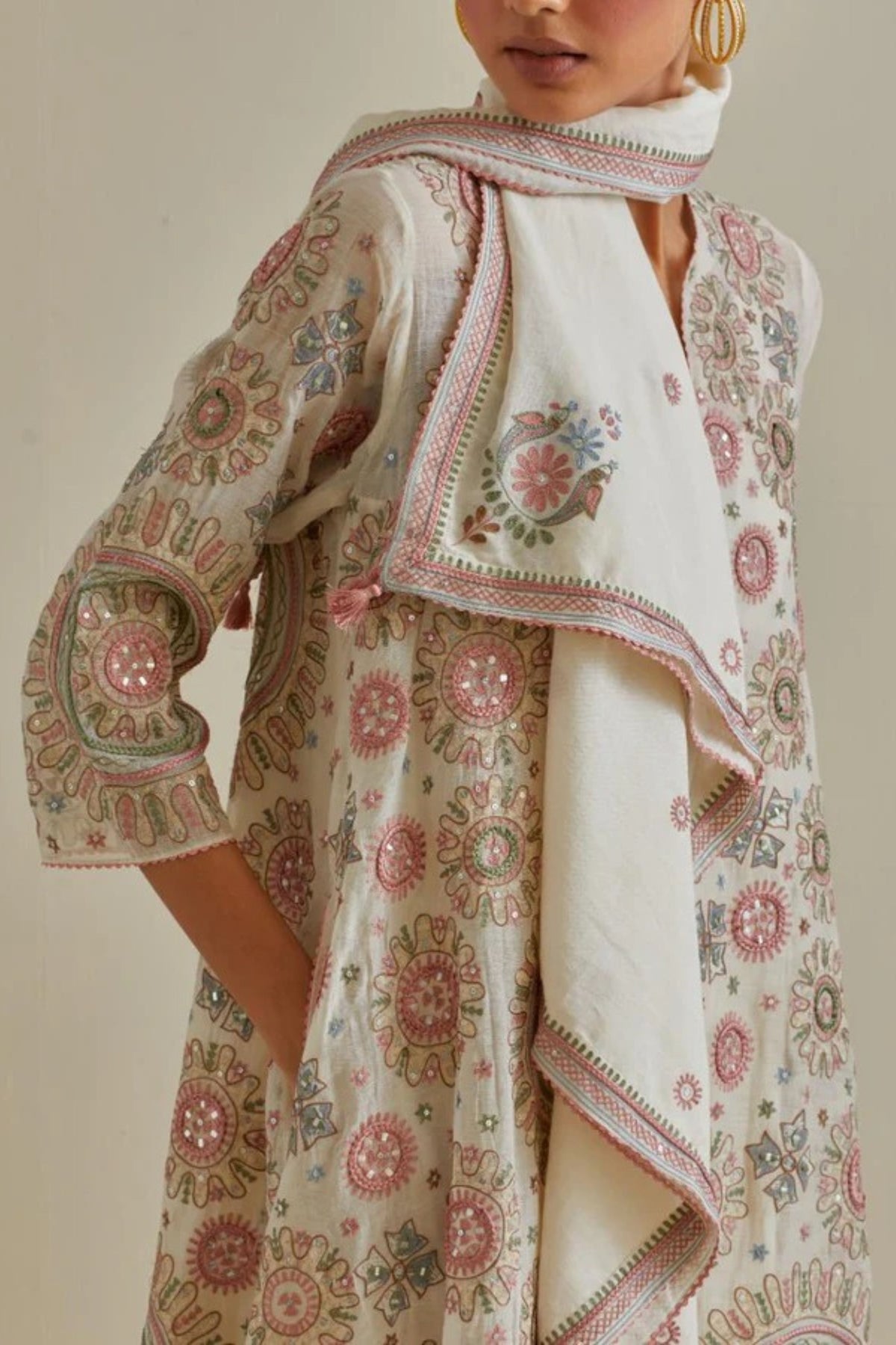 Pink and Off White Kurta Set