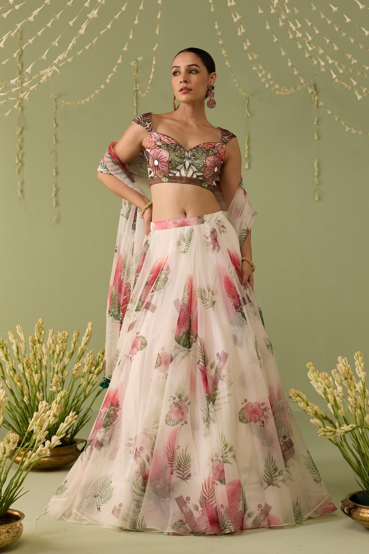 White Printed Organza Lehenga Set