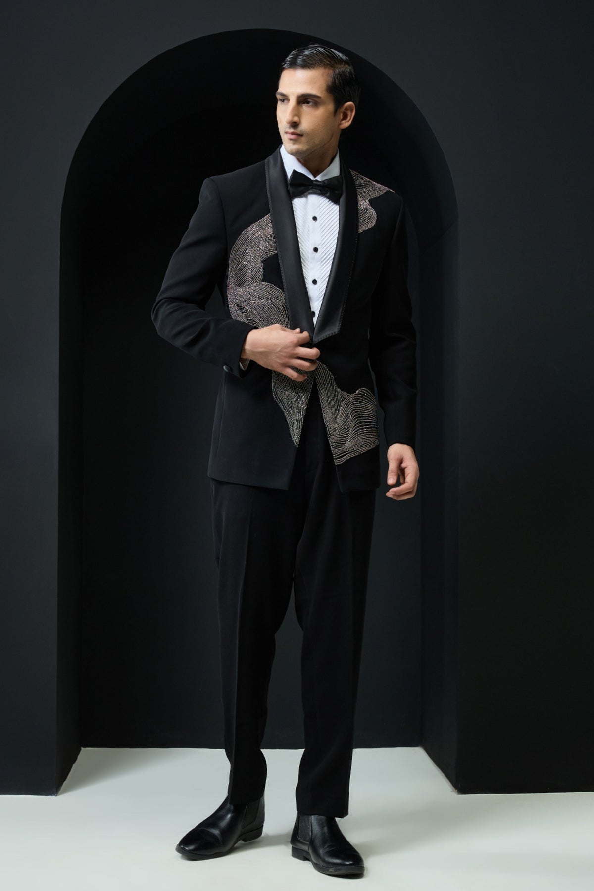 Black Tuxedo Silver Zari Set