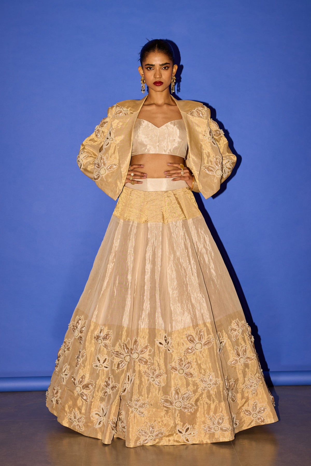 Gold Flower Embroidery Blazer Set
