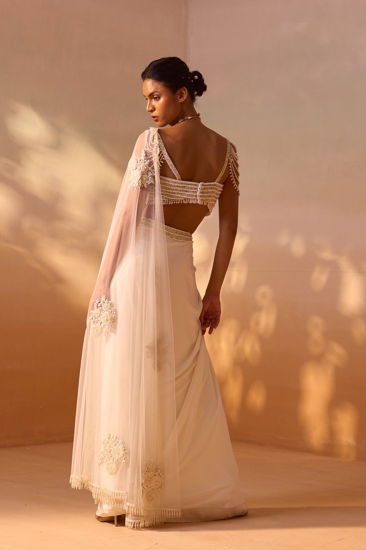 Ivory Pearl Worked Draped Saree