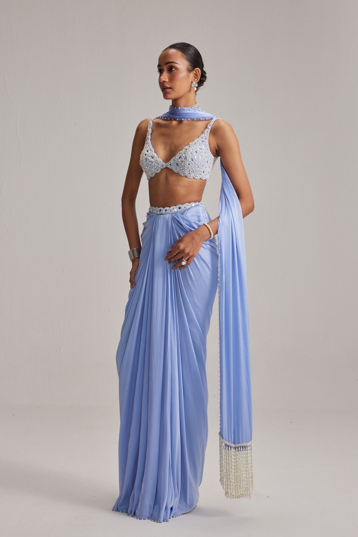 Dew Blue Satin Draped Skirt Set
