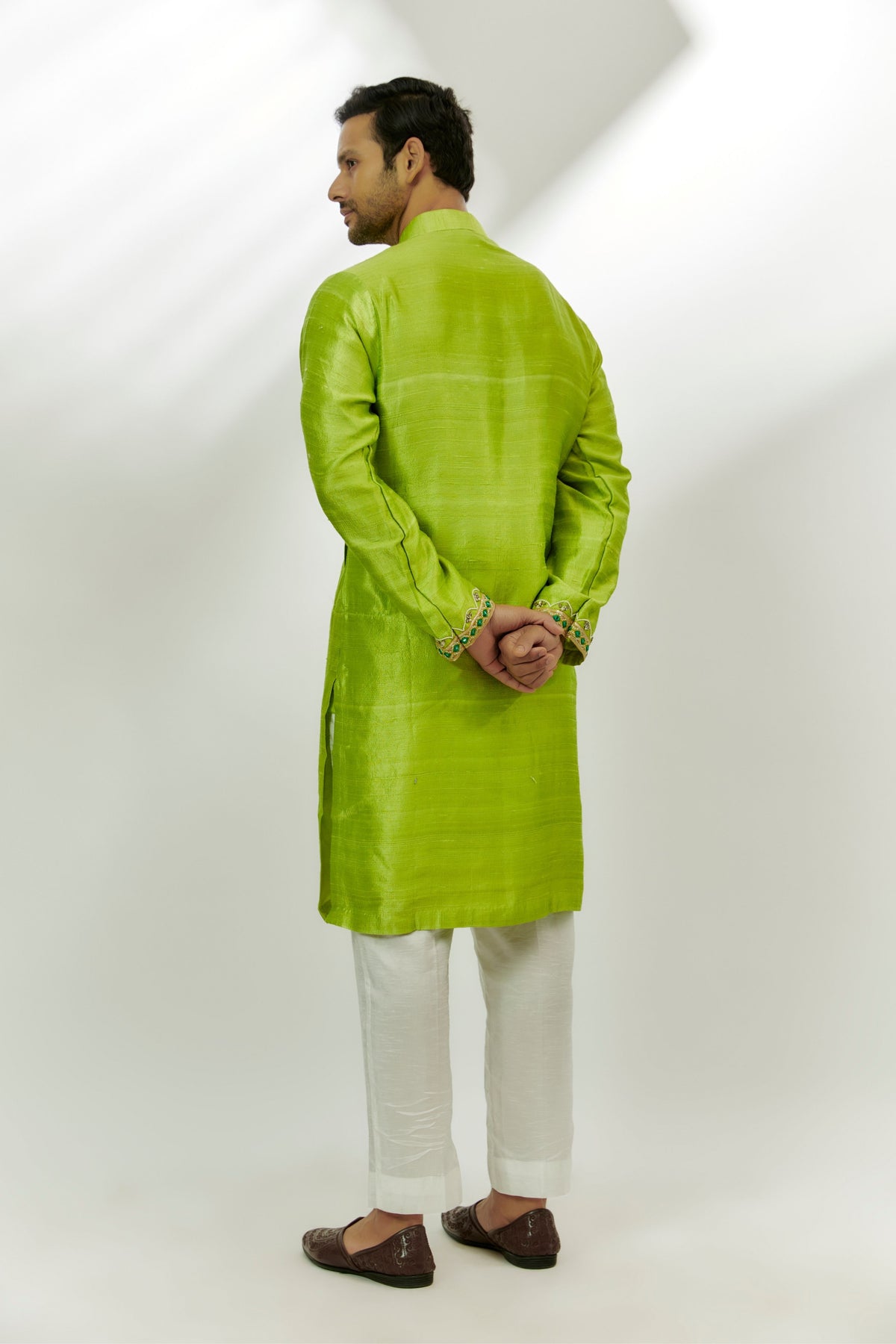 Lime Green Raw Silk Embroidered Kurta