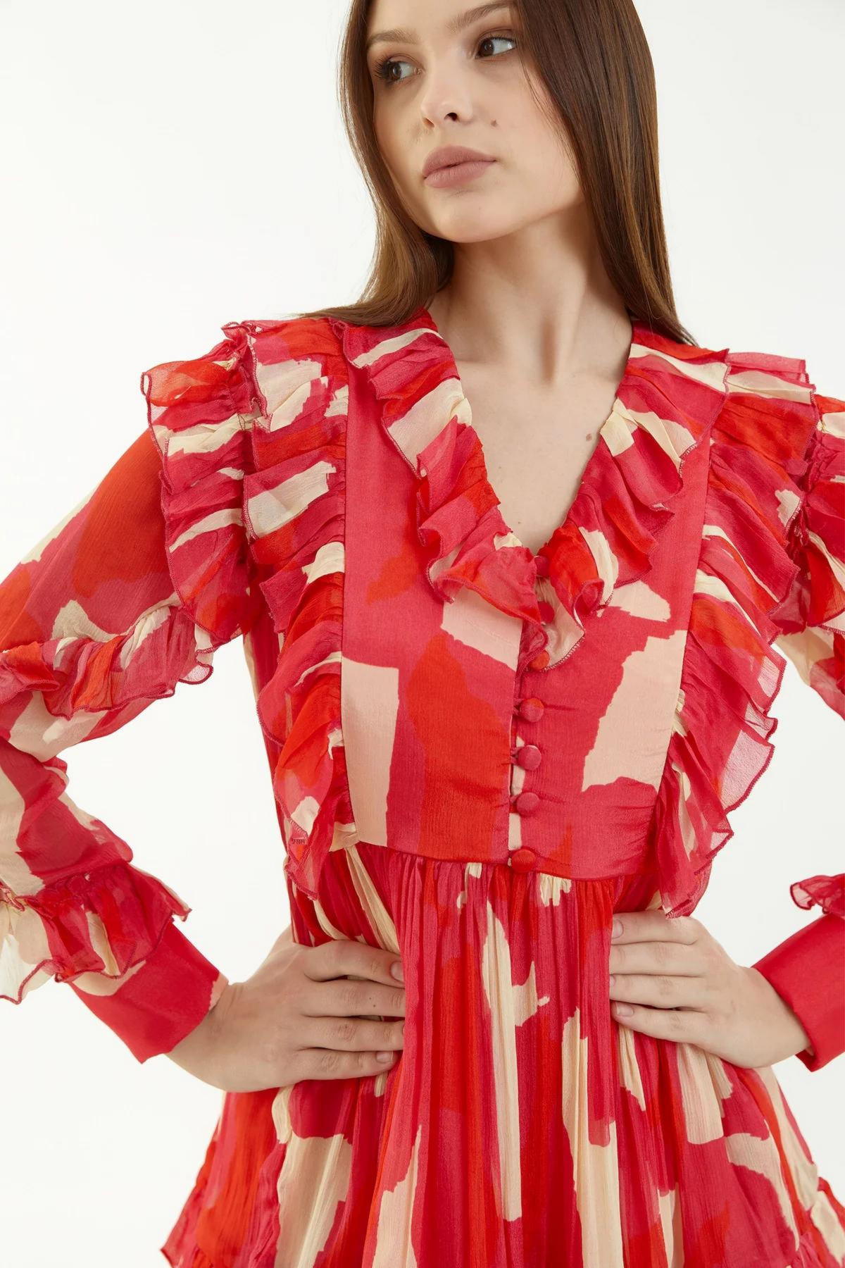 Hot Pink, Red And Beige Abstract Frill Short Dress