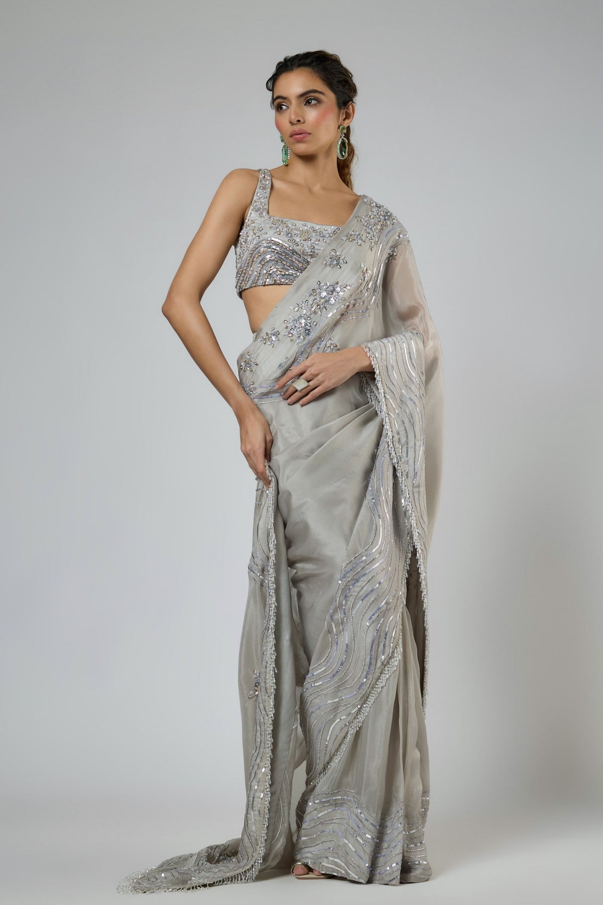 Grey Embroidered Draped Saree Set