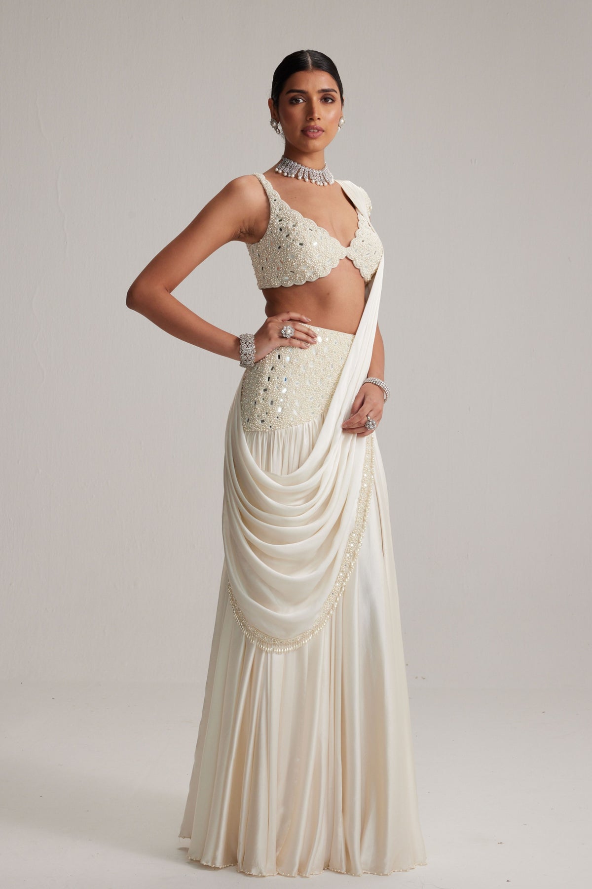 Embroidered Draped Saree Set