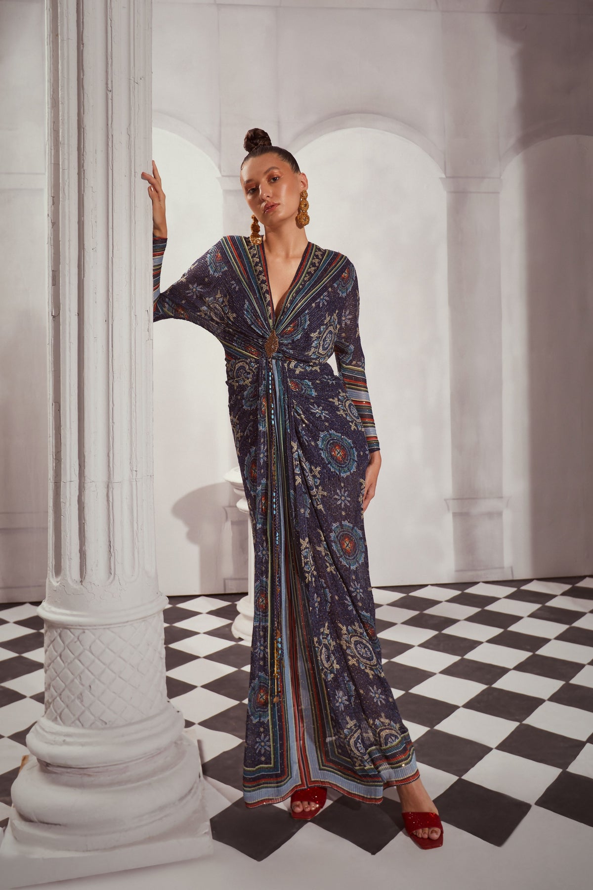 Blue Mosiac Print Draped Maxi Dress