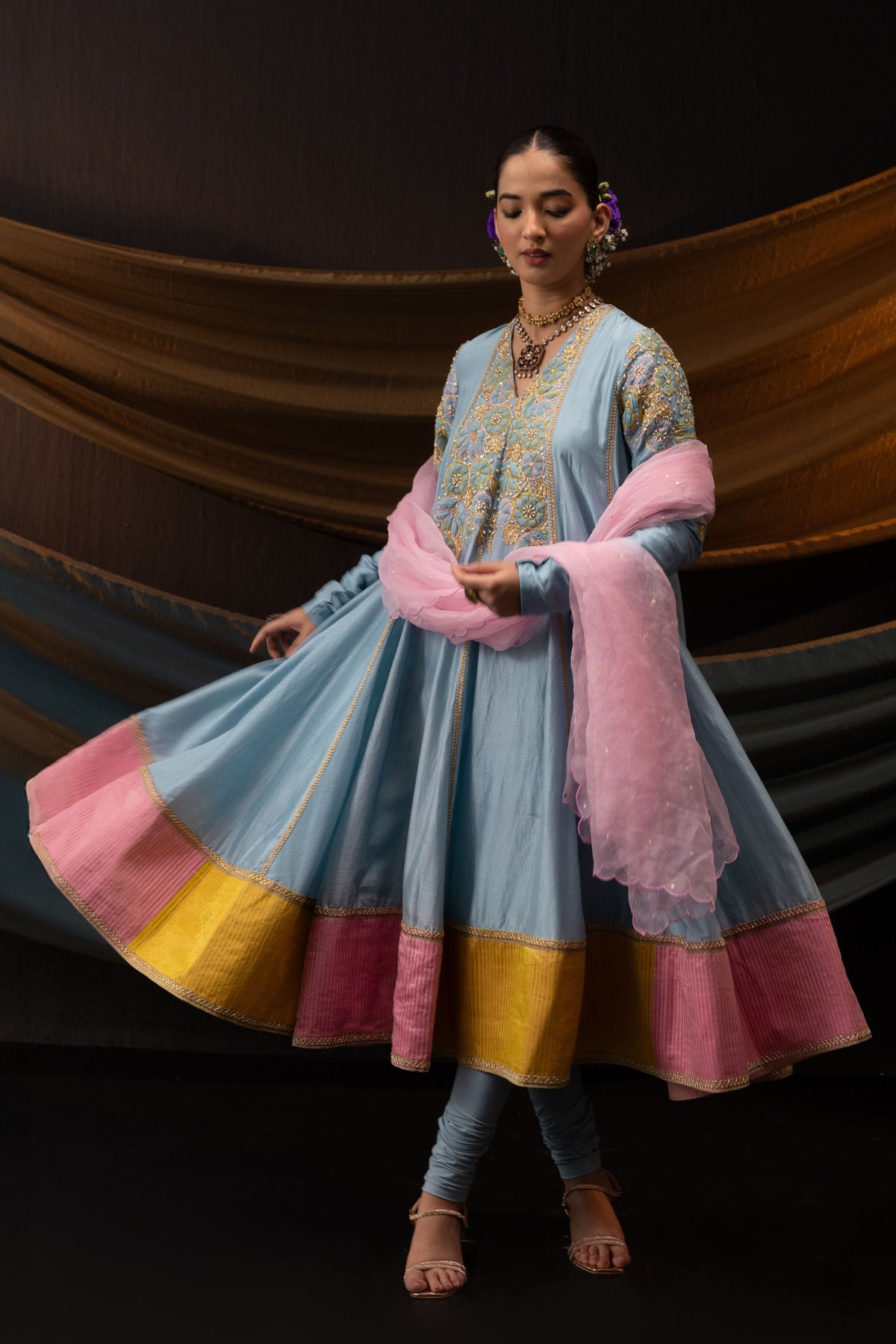 Blue 3D Embroidered Anarkali Set