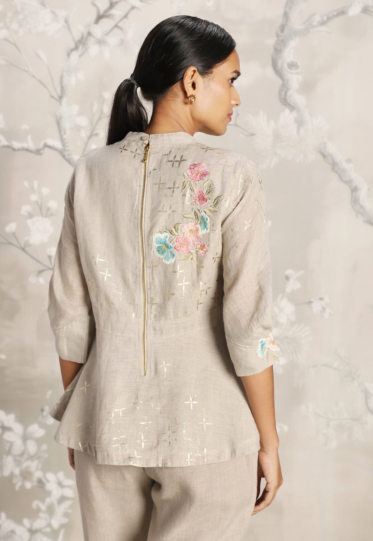 Natural Corsage Peplum Top and Pant Set