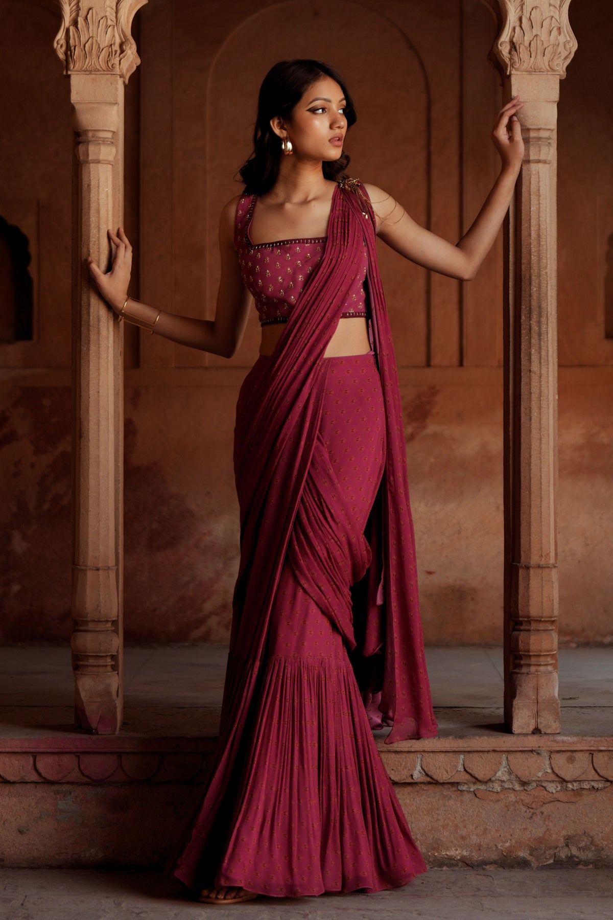 Mulberry Pink Drape Saree Set