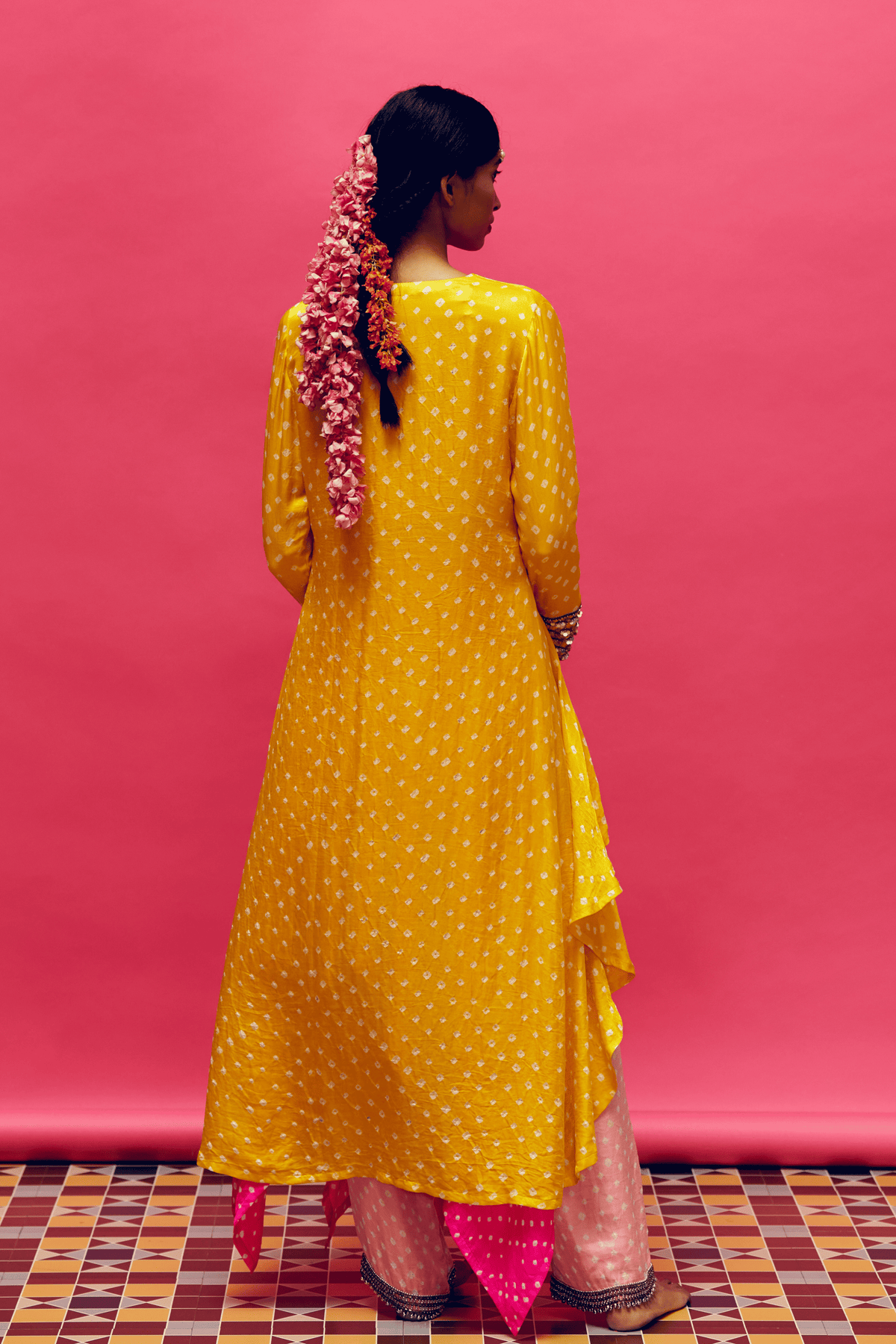 Pink Bandhani Jacket With Kurta Set