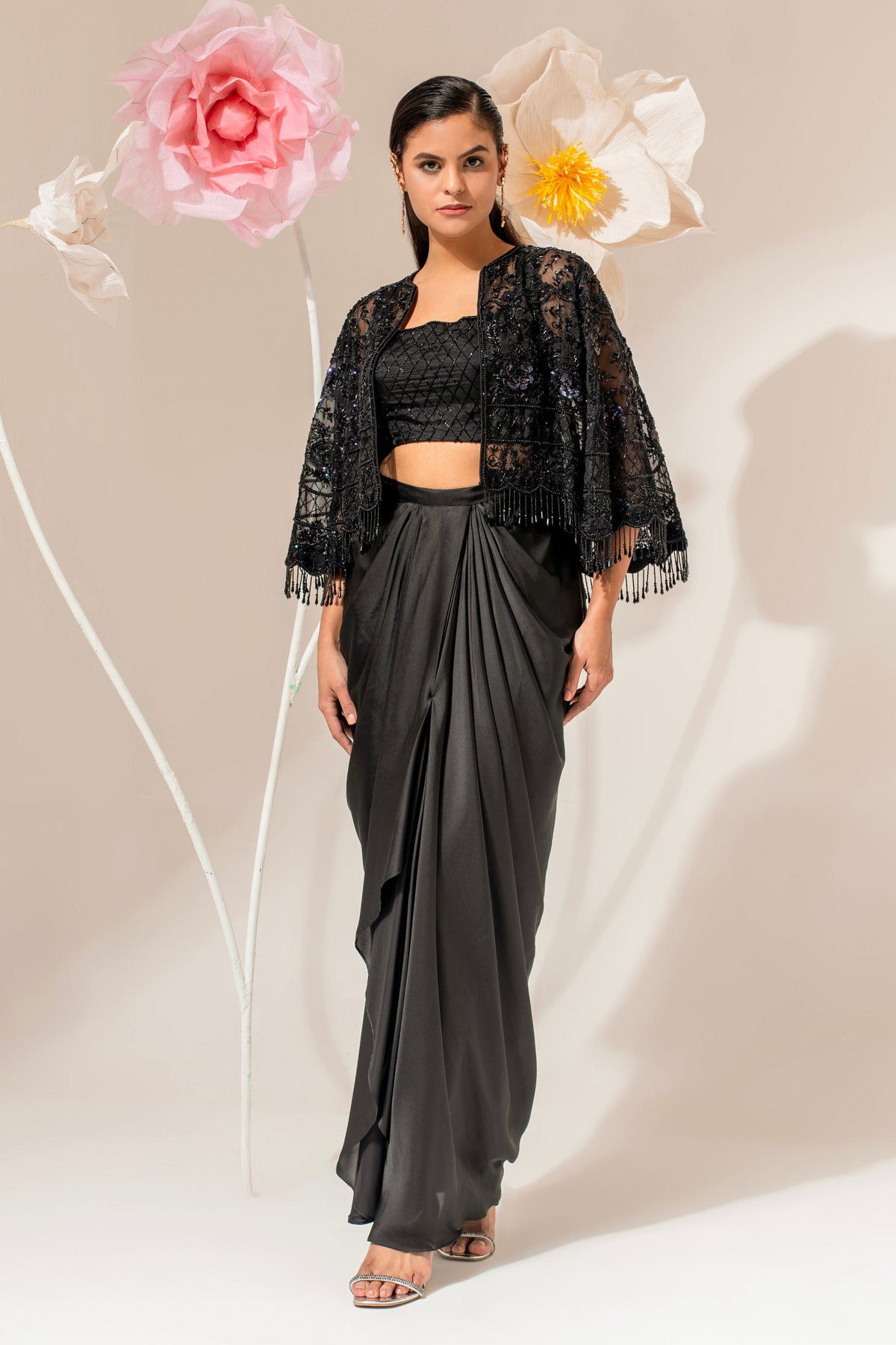 Black Satin Embroidered Cape Set