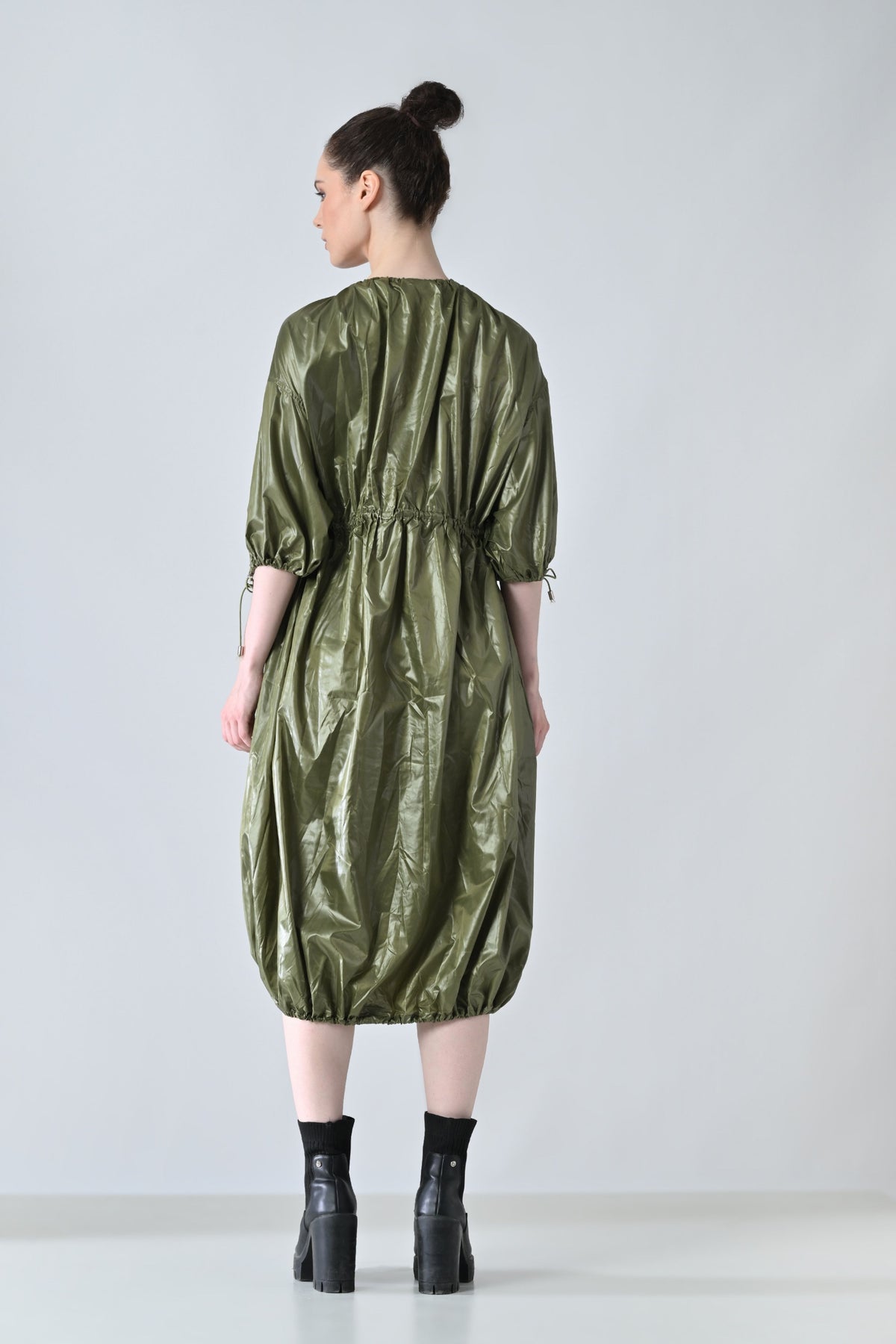 Olive Utility Gathered Ballon Dress