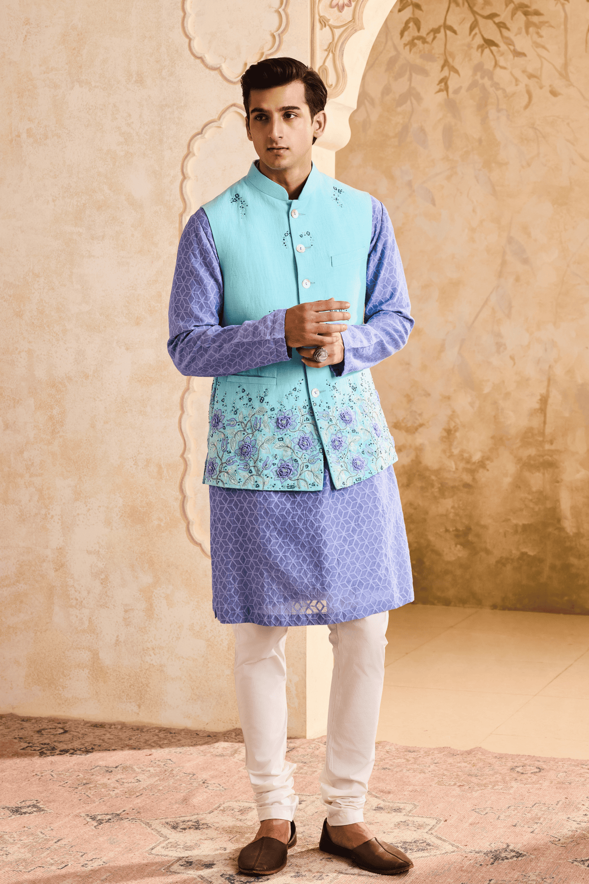 Turq Nehru Jacket Kurta Ivory Set