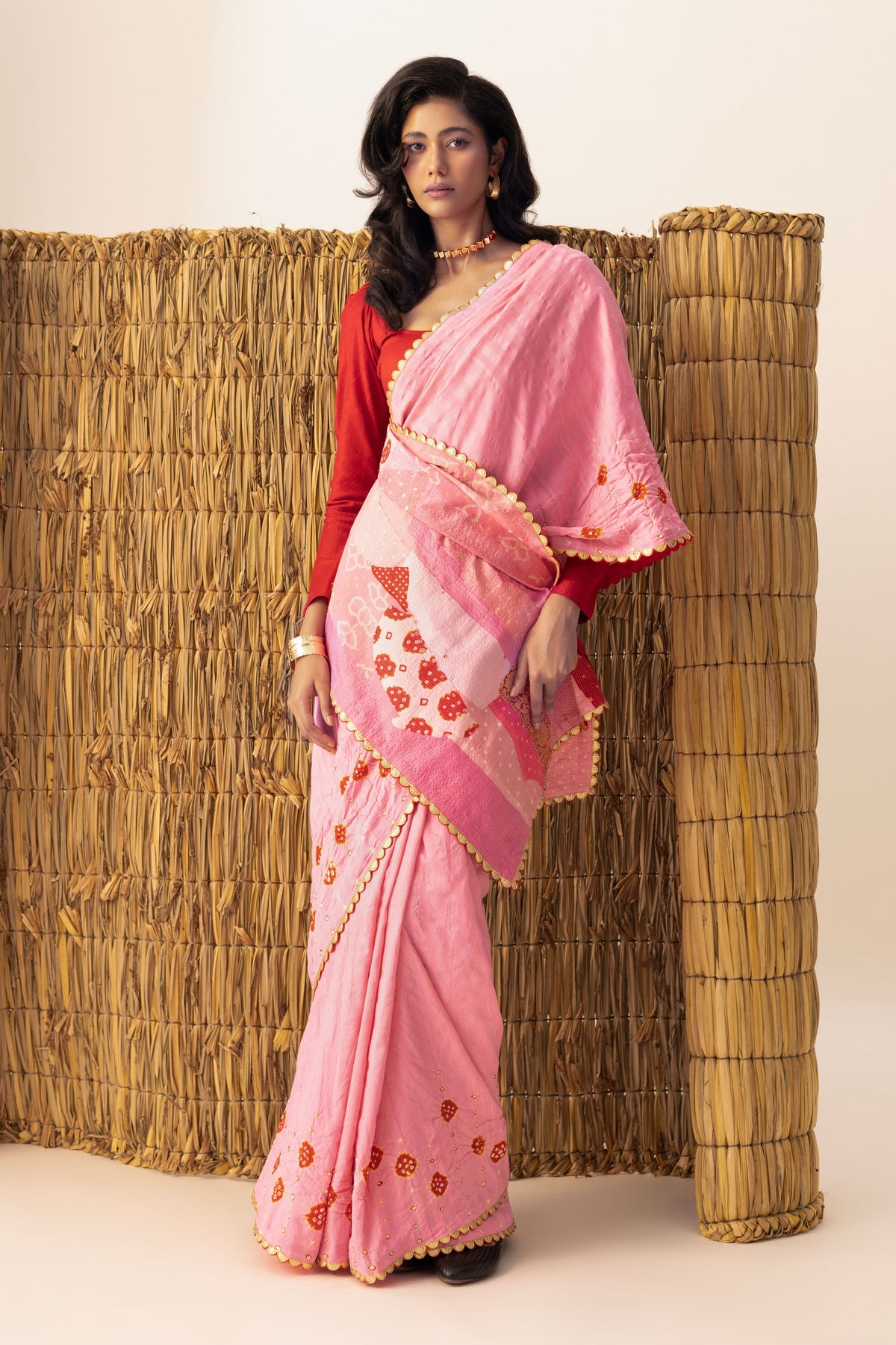Pink Patchwork Bandhani Saree set