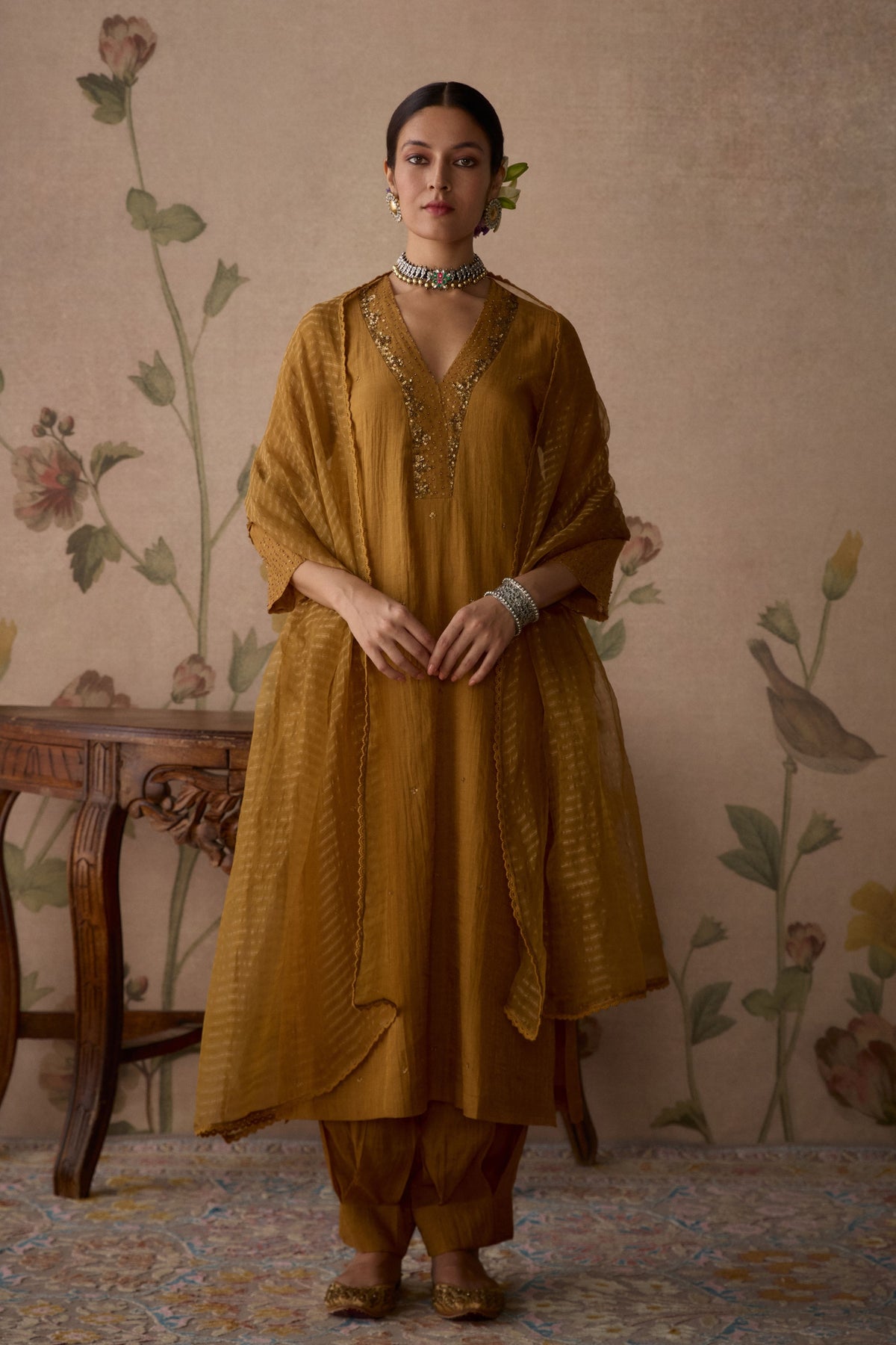 Mustard Hand Embroidered Kurta Set