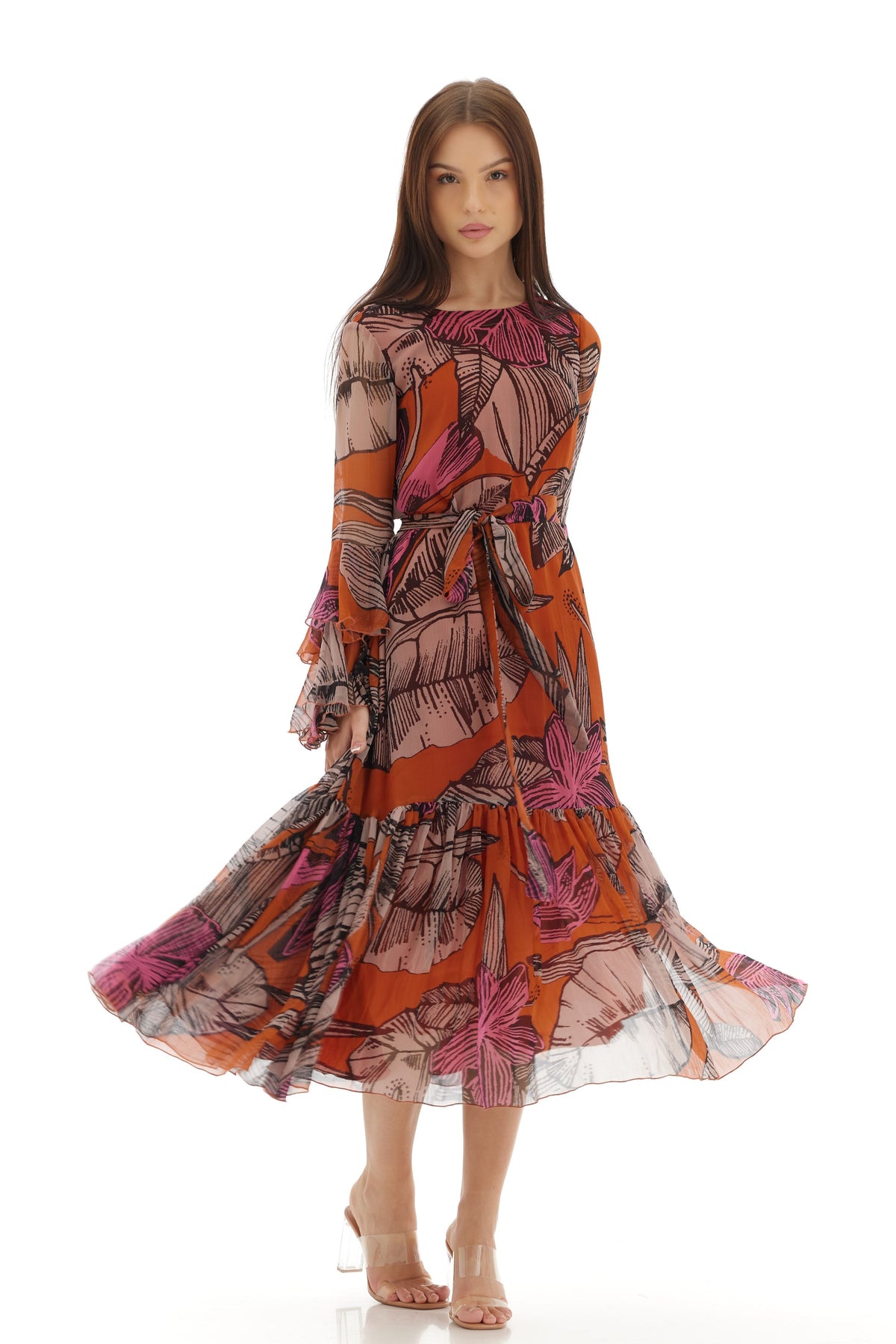 Orange and Beige Midi Dress