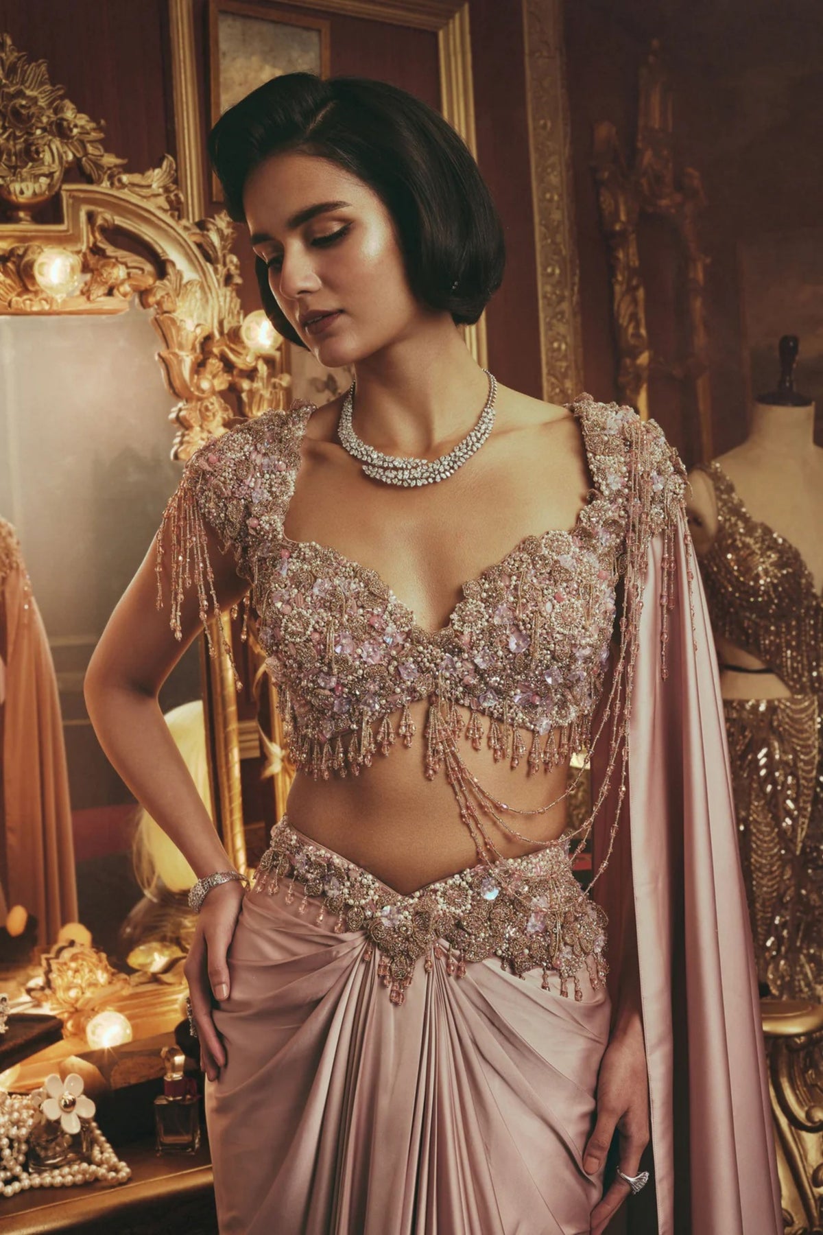 Rose Pink Draped Skirt Set