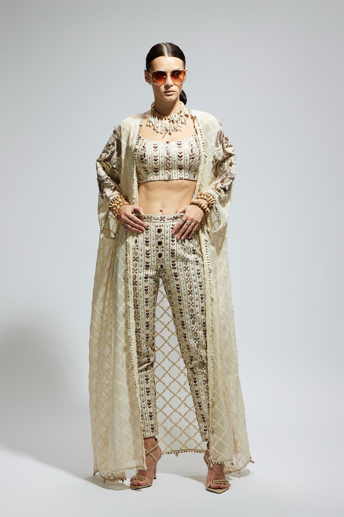 Ivory Aztec Embellished Cape Set