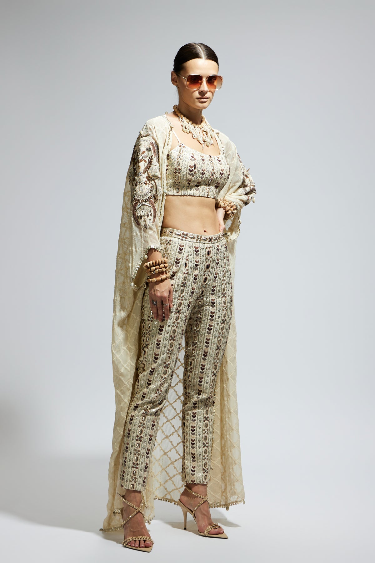 Ivory Aztec Embellished Cape Set